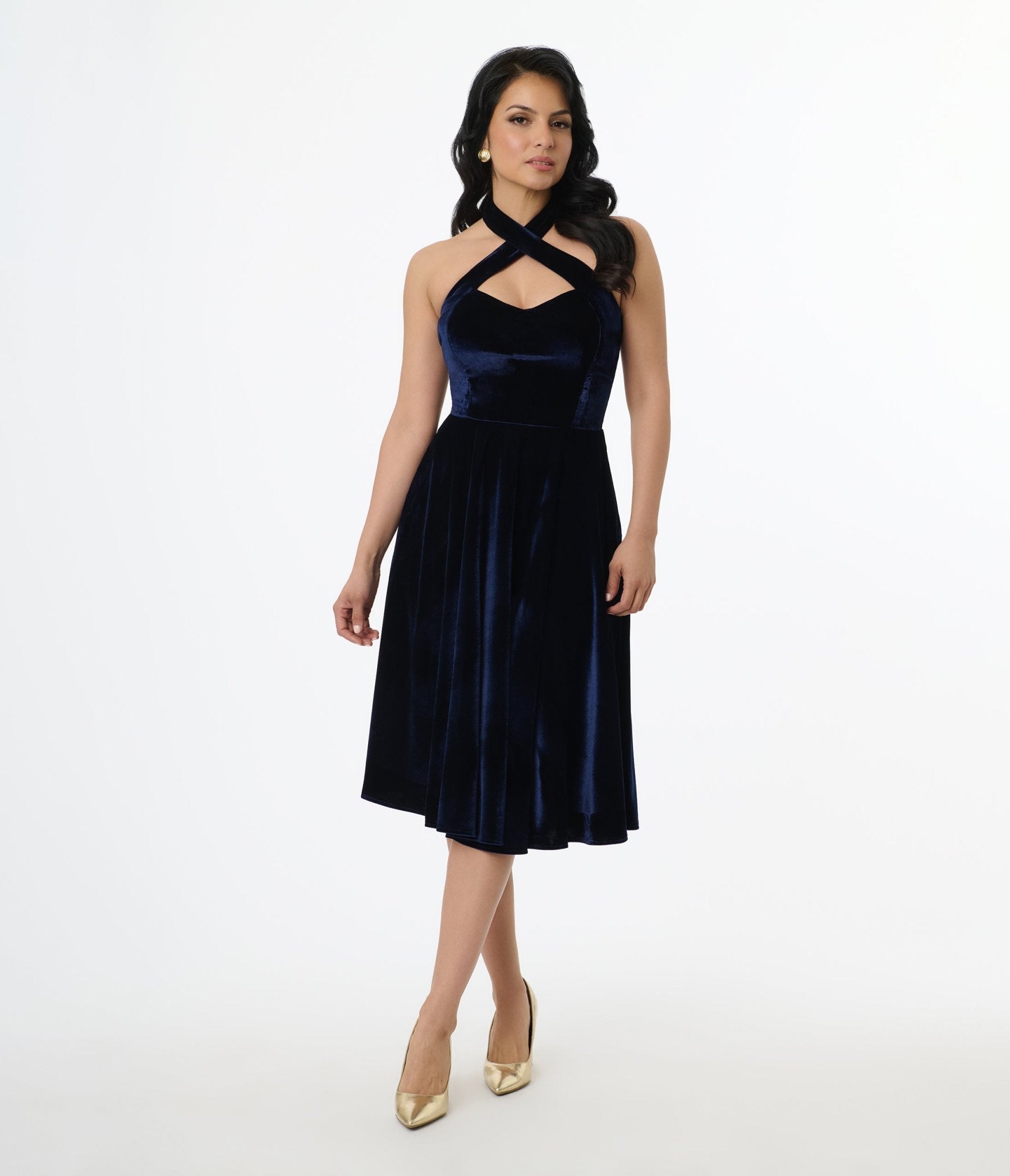 Unique Vintage 1950s Navy Velvet Criss Cross Halter Rita Flare Dress