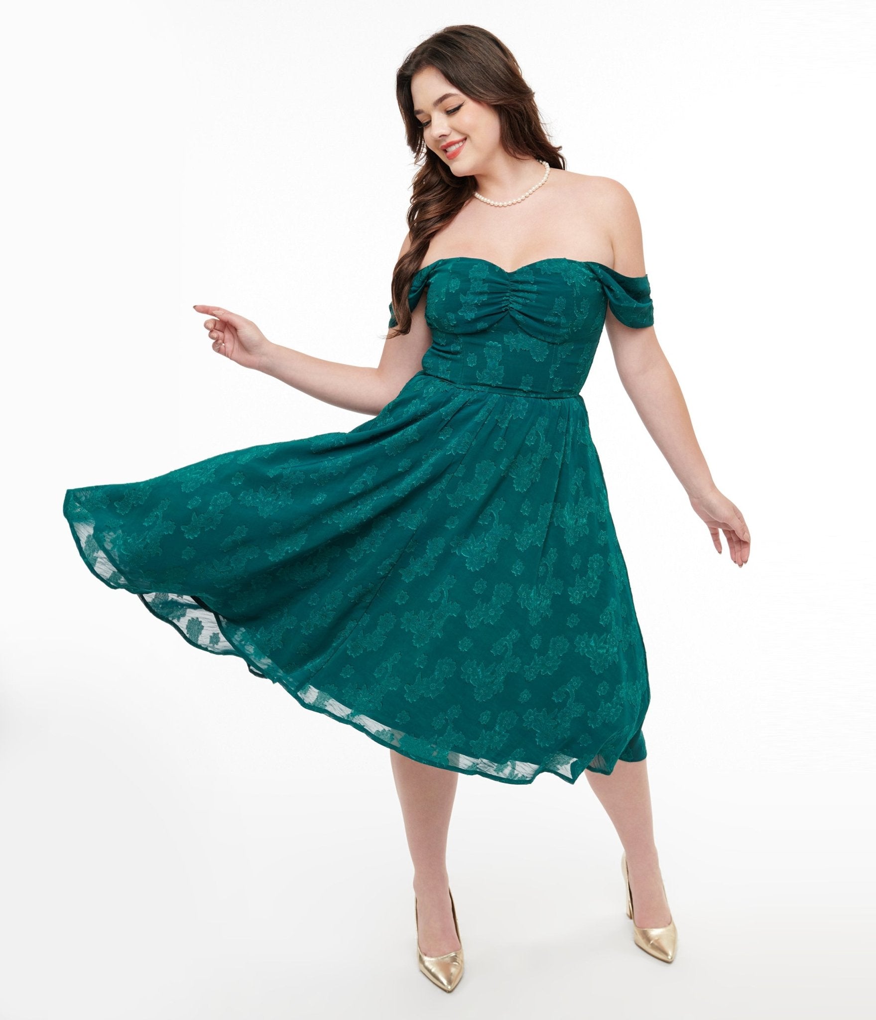 Unique Vintage 1950s Teal Jacquard Off Shoulder Flare Dress