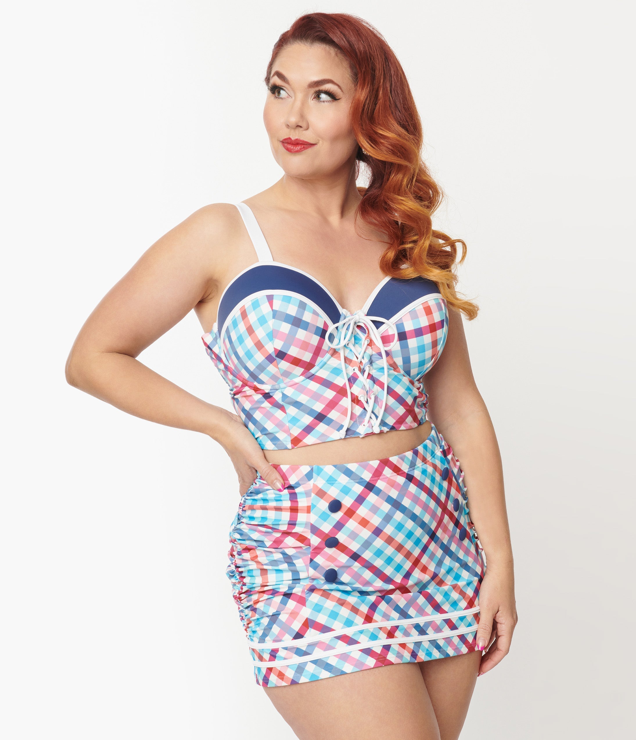 Unique Vintage Plus Size Pastel Madras Plaid Lace Up Swim Top