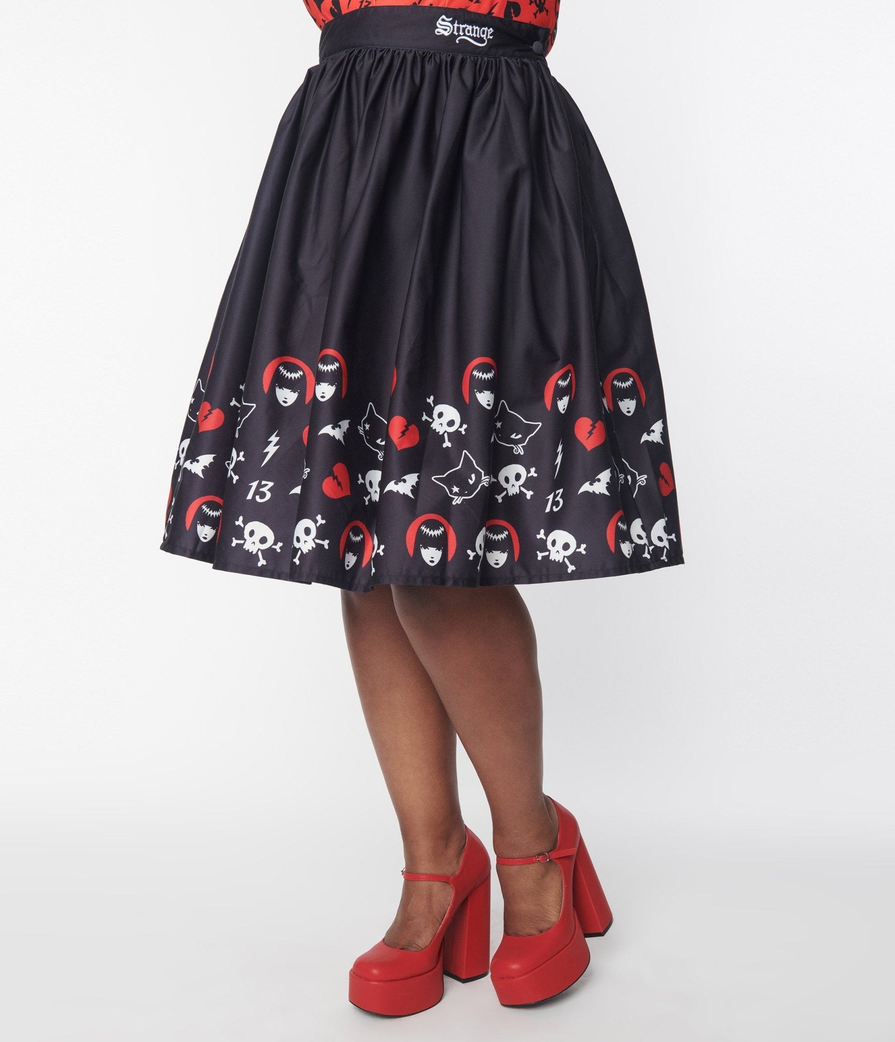 Emily The Strange x Unique Vintage Black & Emily Border Print Gellar Swing Skirt