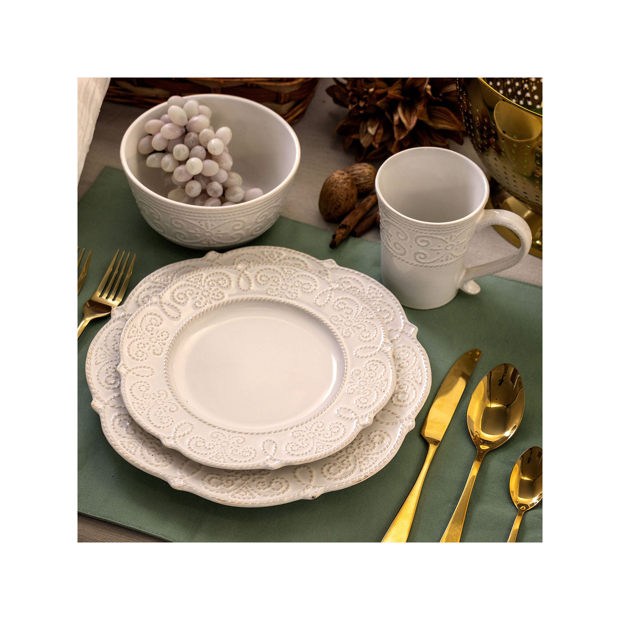 Elama Luna 16-Pc. Stoneware Dinnerware Set - WHITE ONE SIZE