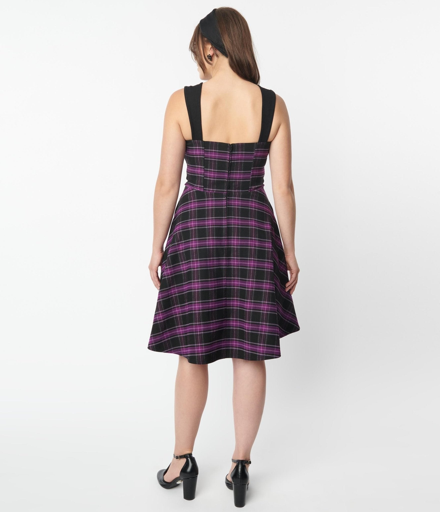 Unique Vintage Purple Plaid Corset Flare Dress