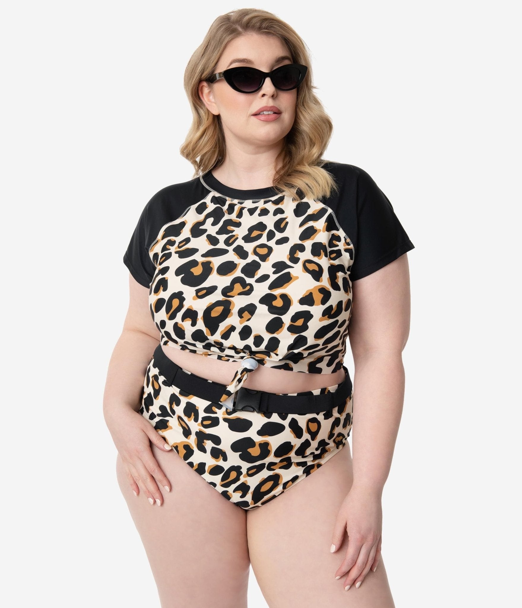 Plus Size Leopard Print Belted Swim Bottom