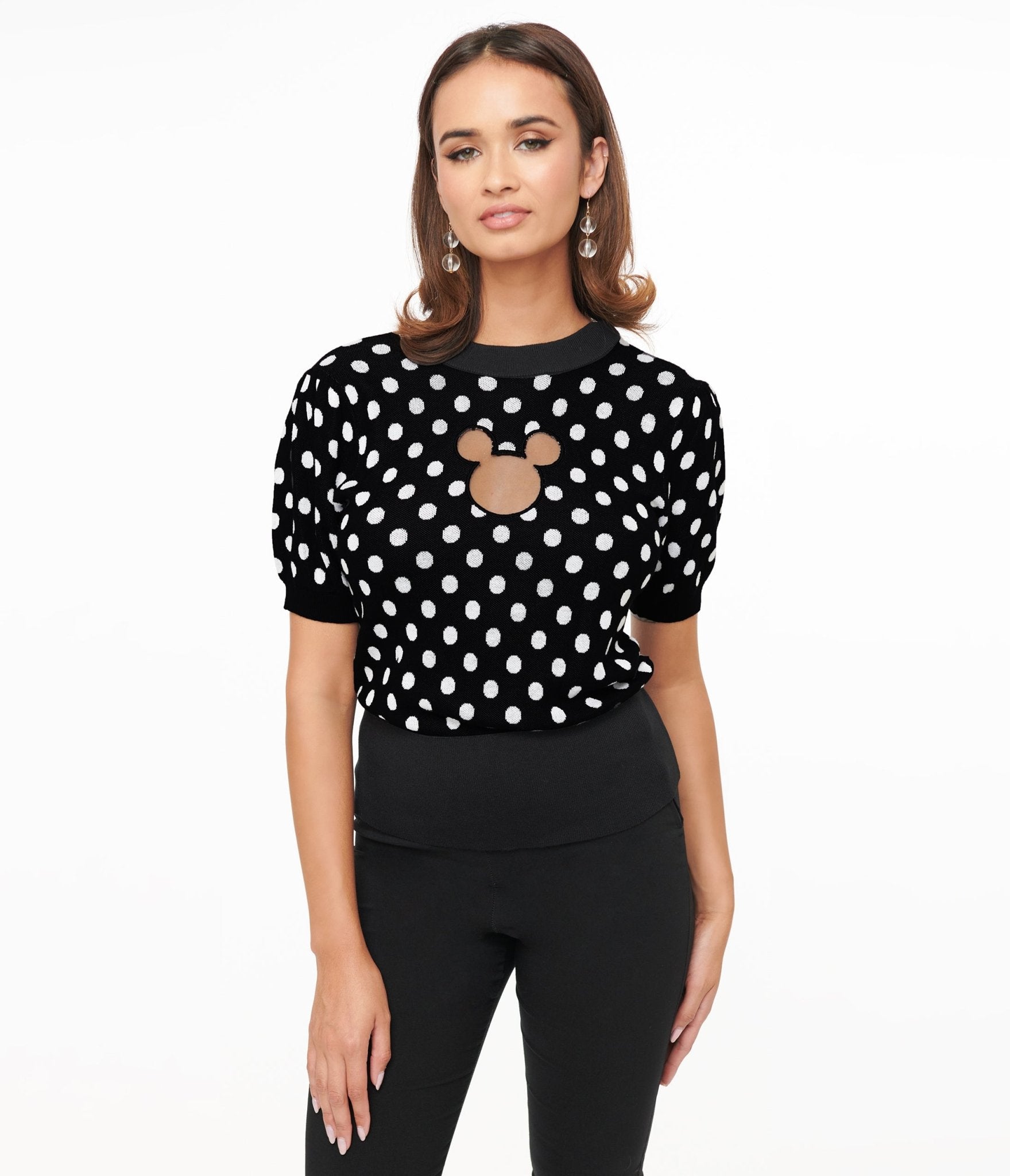 Disney Mickey & Friends Collection by Unique Vintage Black & White Polka Dot Mickey Mouse Cutout Sweater