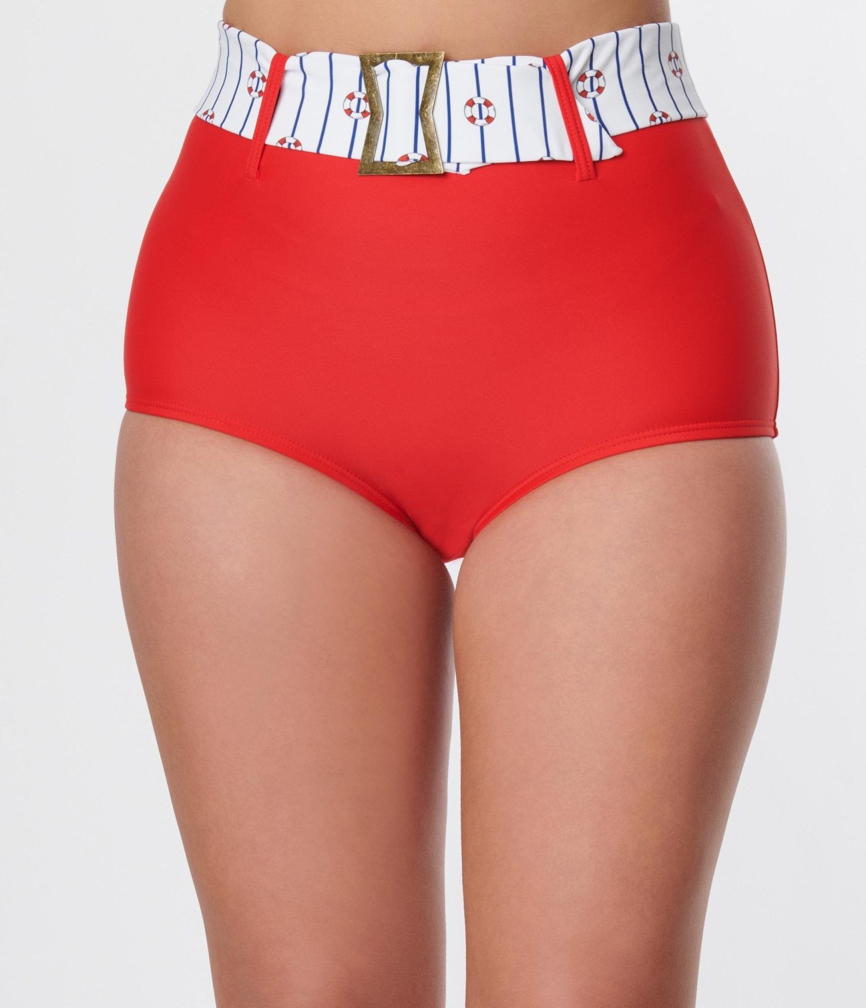 Unique Vintage Red High Waist Belted Swim Bottom