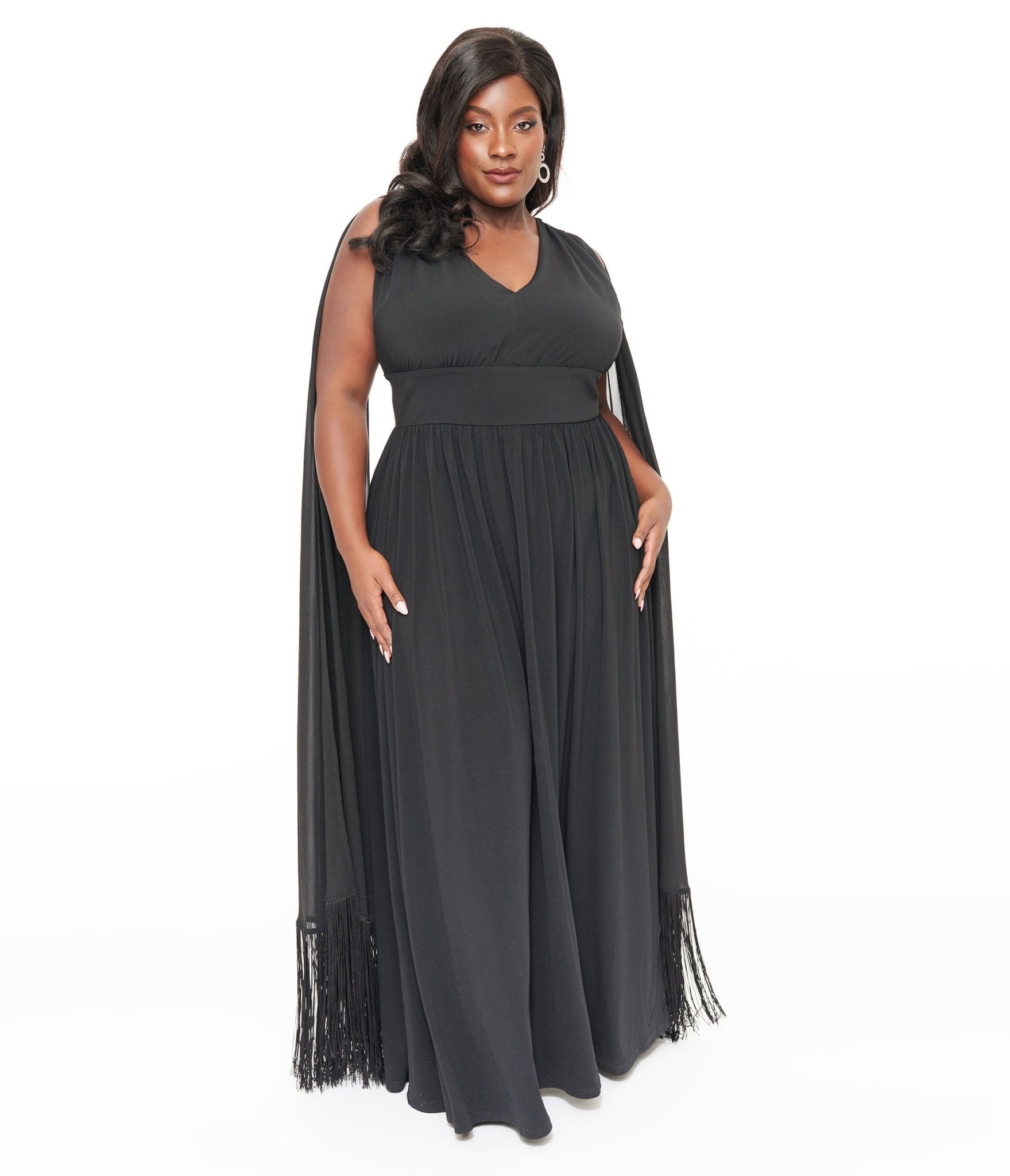 Smak Parlour Plus Size 1970s Black Fringe Cape Maxi Dress