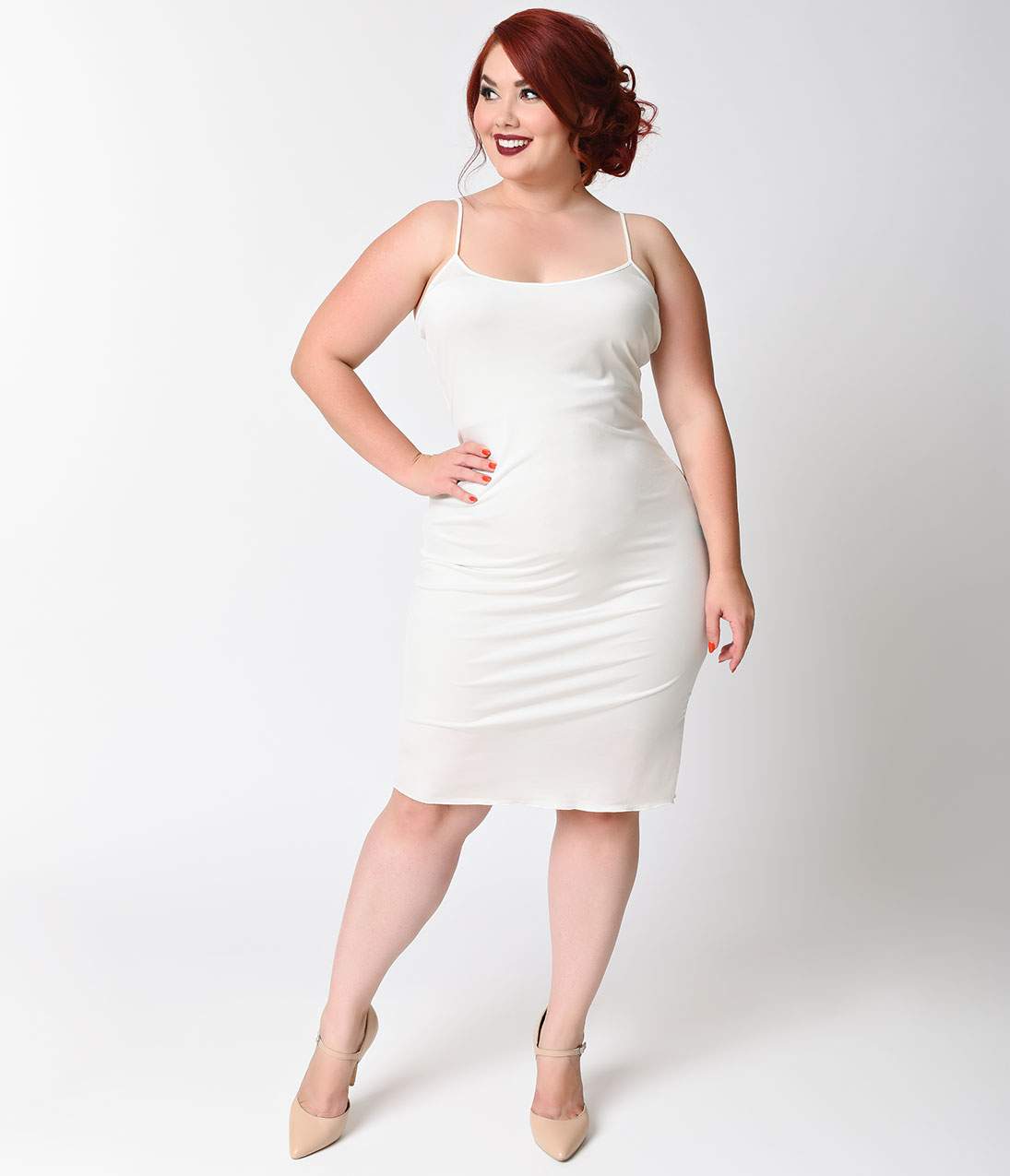Unique Vintage Plus Size Short White Stretch Slip