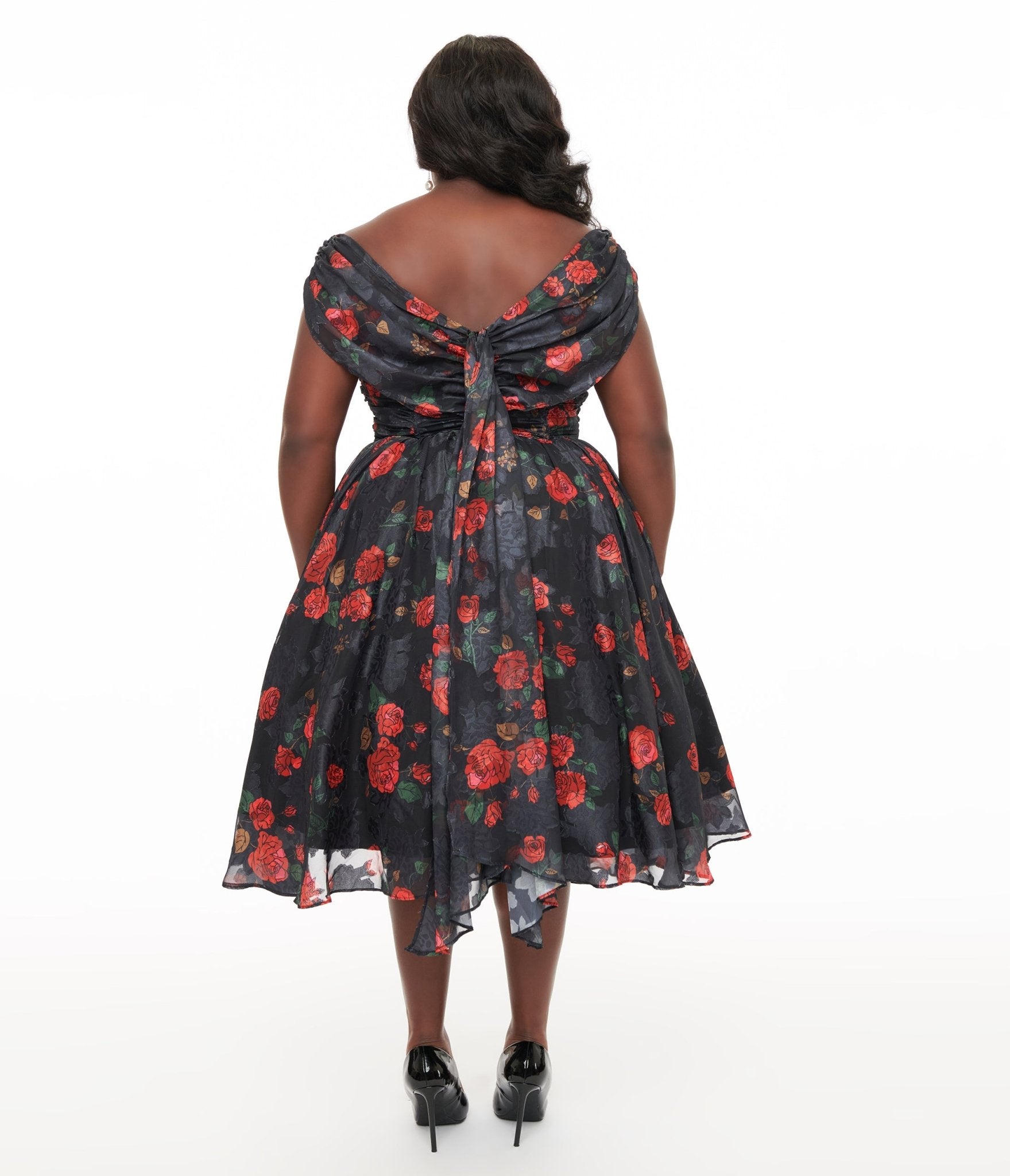 Unique Vintage Plus Size 1950s Black & Red Rose Off The Shoulder Cocktail Dress