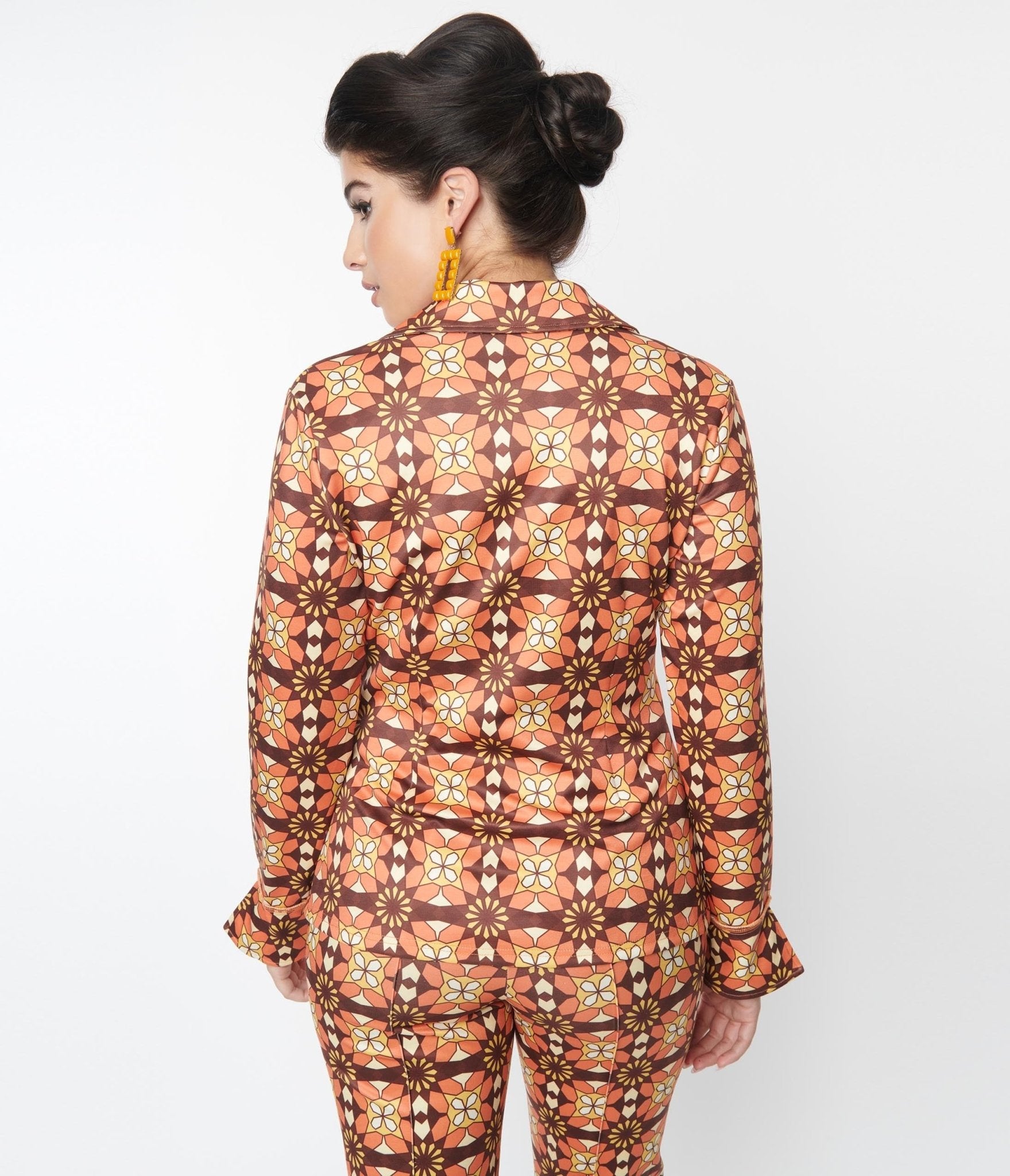 Unique Vintage 1970s Orange & Brown Mosaic Blouse