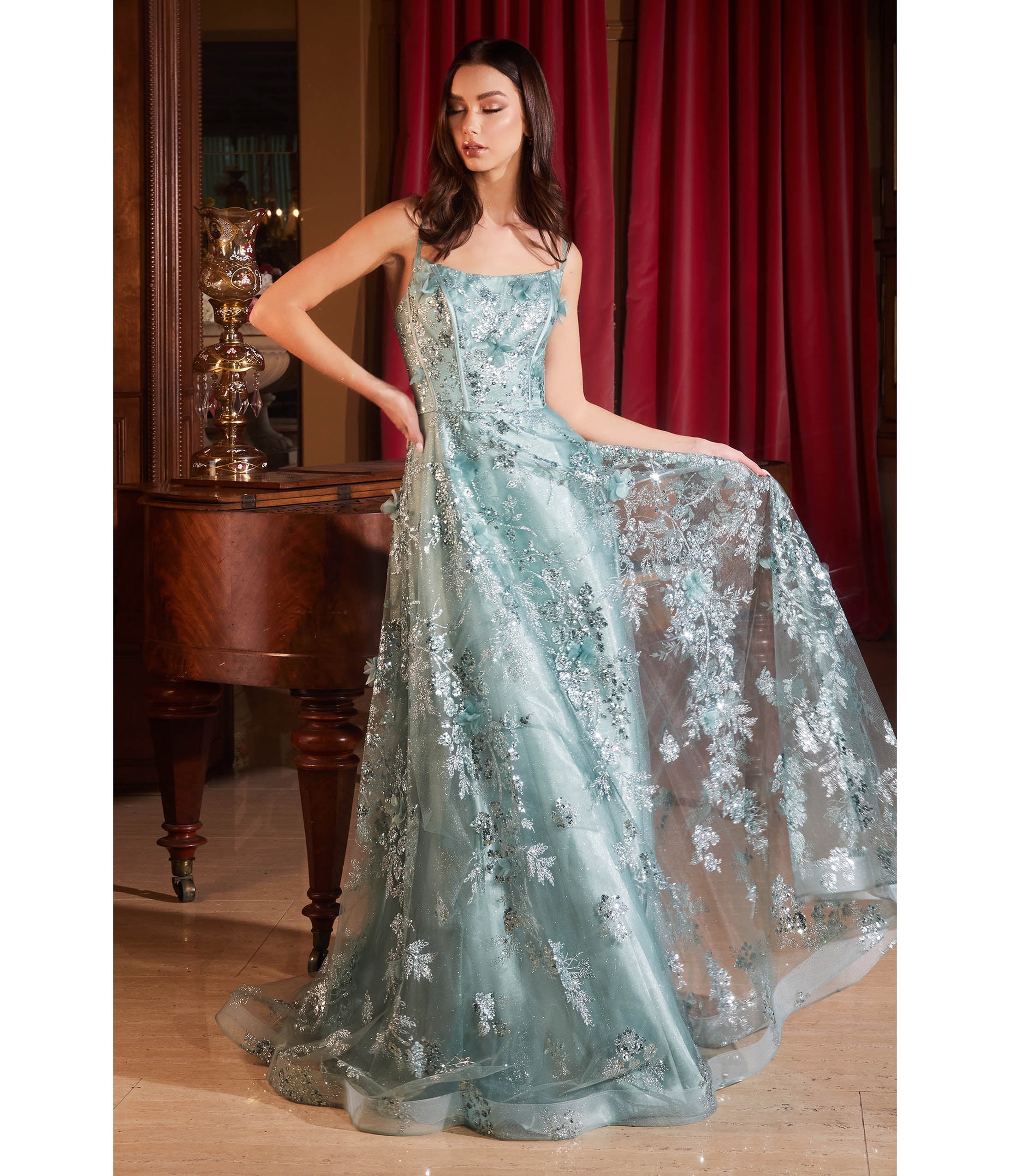 Ladivine by Cinderella Divine Sage Flower Sparkle Prom Gown