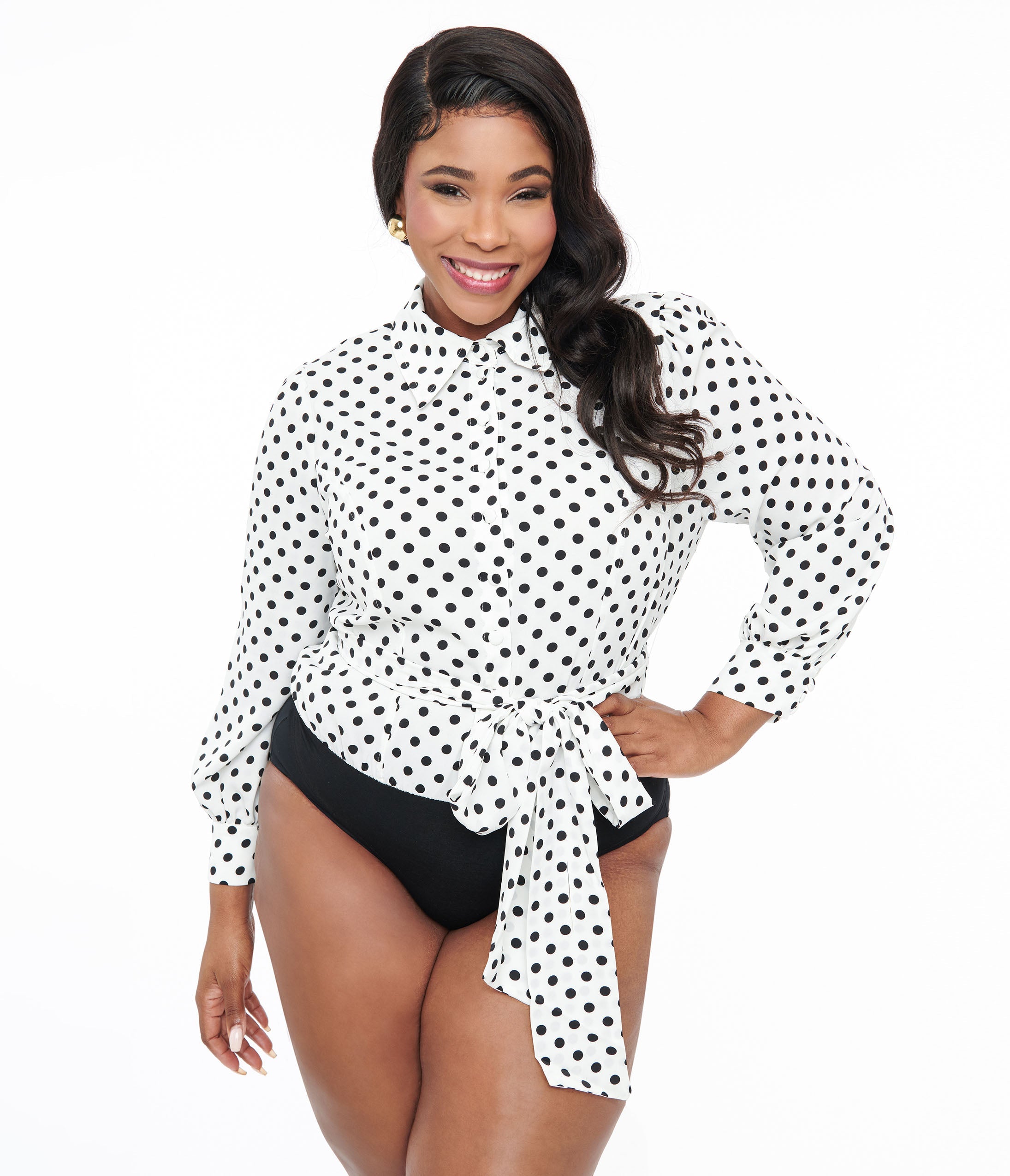 Unique Vintage Plus Size White & Black Polka Sashed Bodysuit