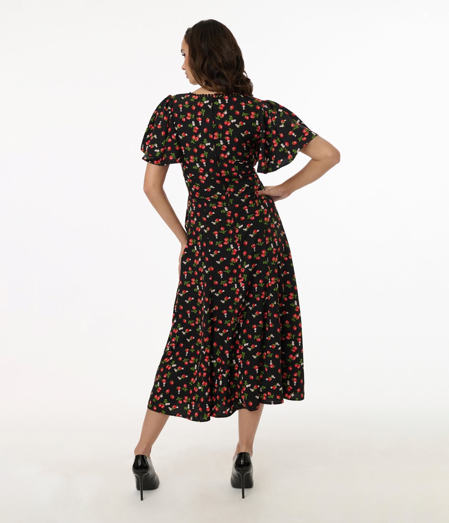 Unique Vintage 1940s Black & Strawberry Print Midi Dress