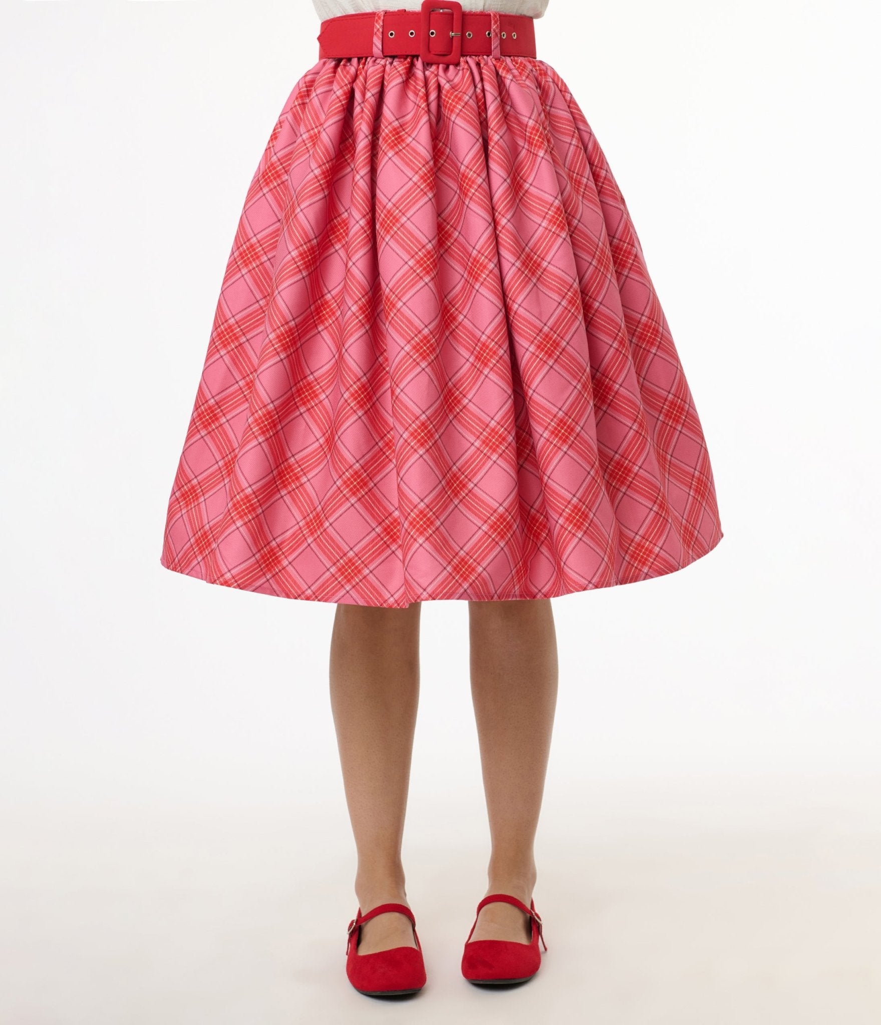 Unique Vintage 1950s Pink & Red Plaid Belted Gellar Swing Skirt