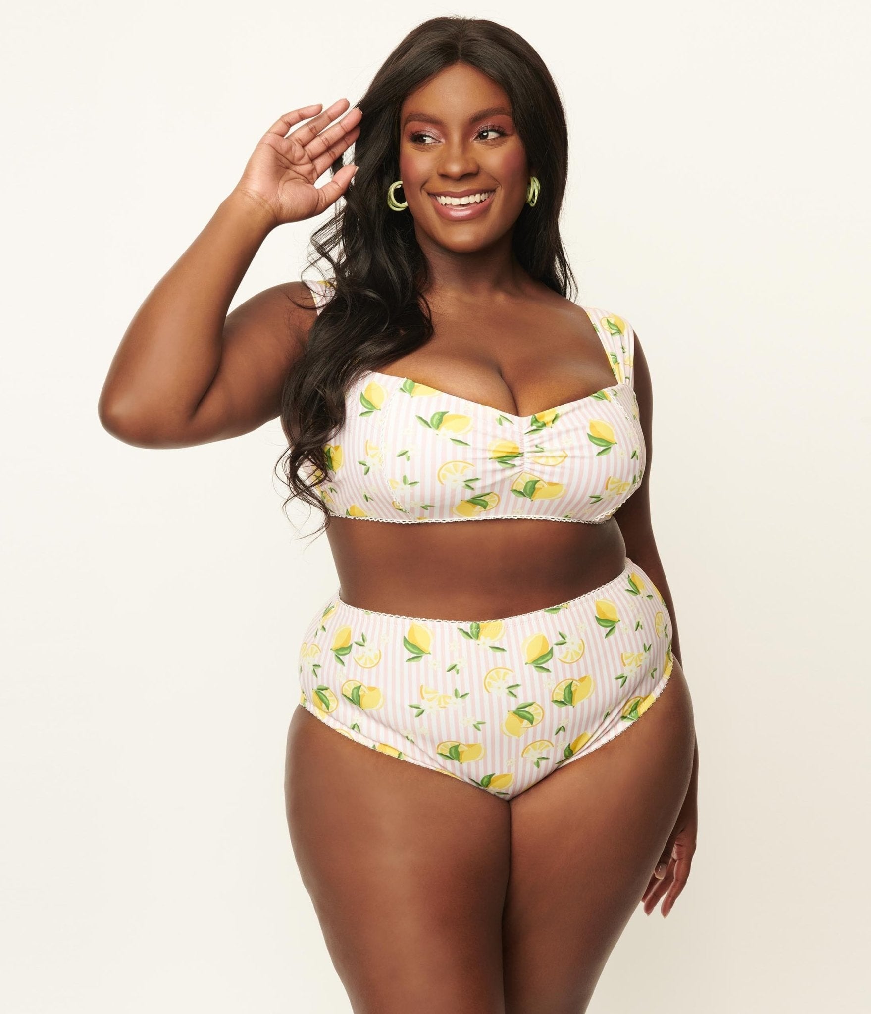 Unique Vintage Plus Size Light Pink Stripes & Lemons Ruched & Ready Swim Top