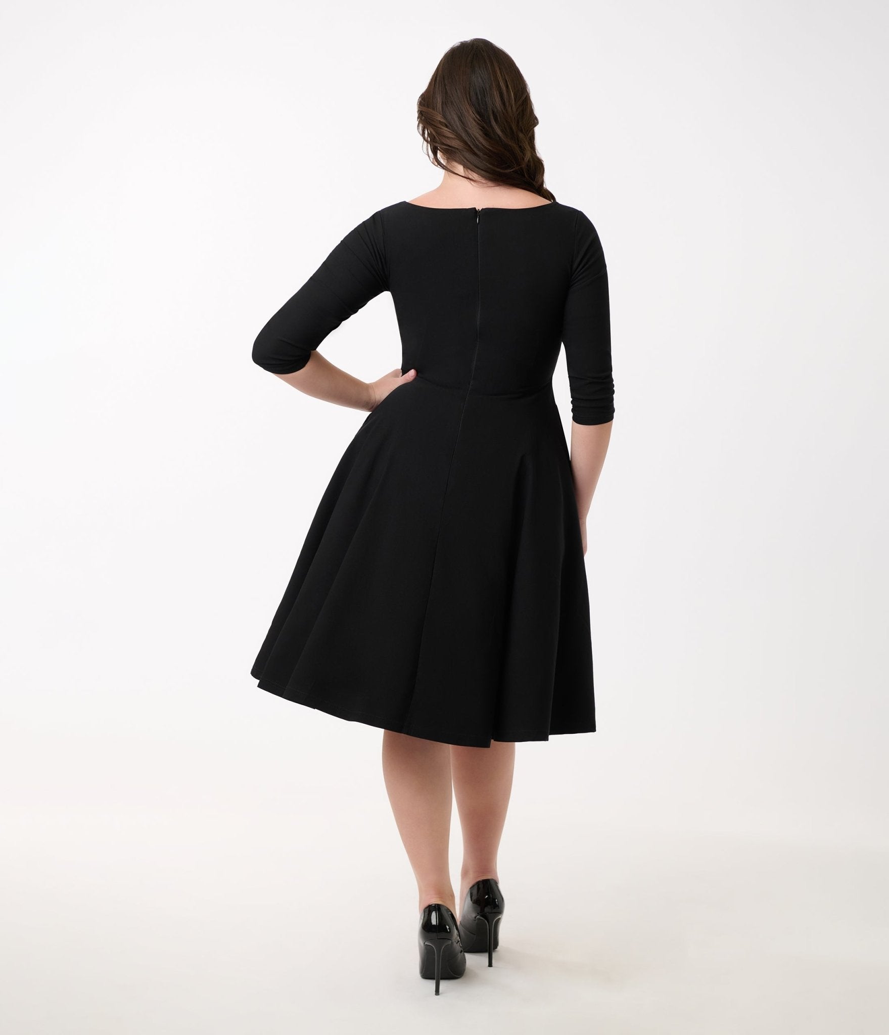 Unique Vintage 1950s Black Pleated Bust Swing Dress