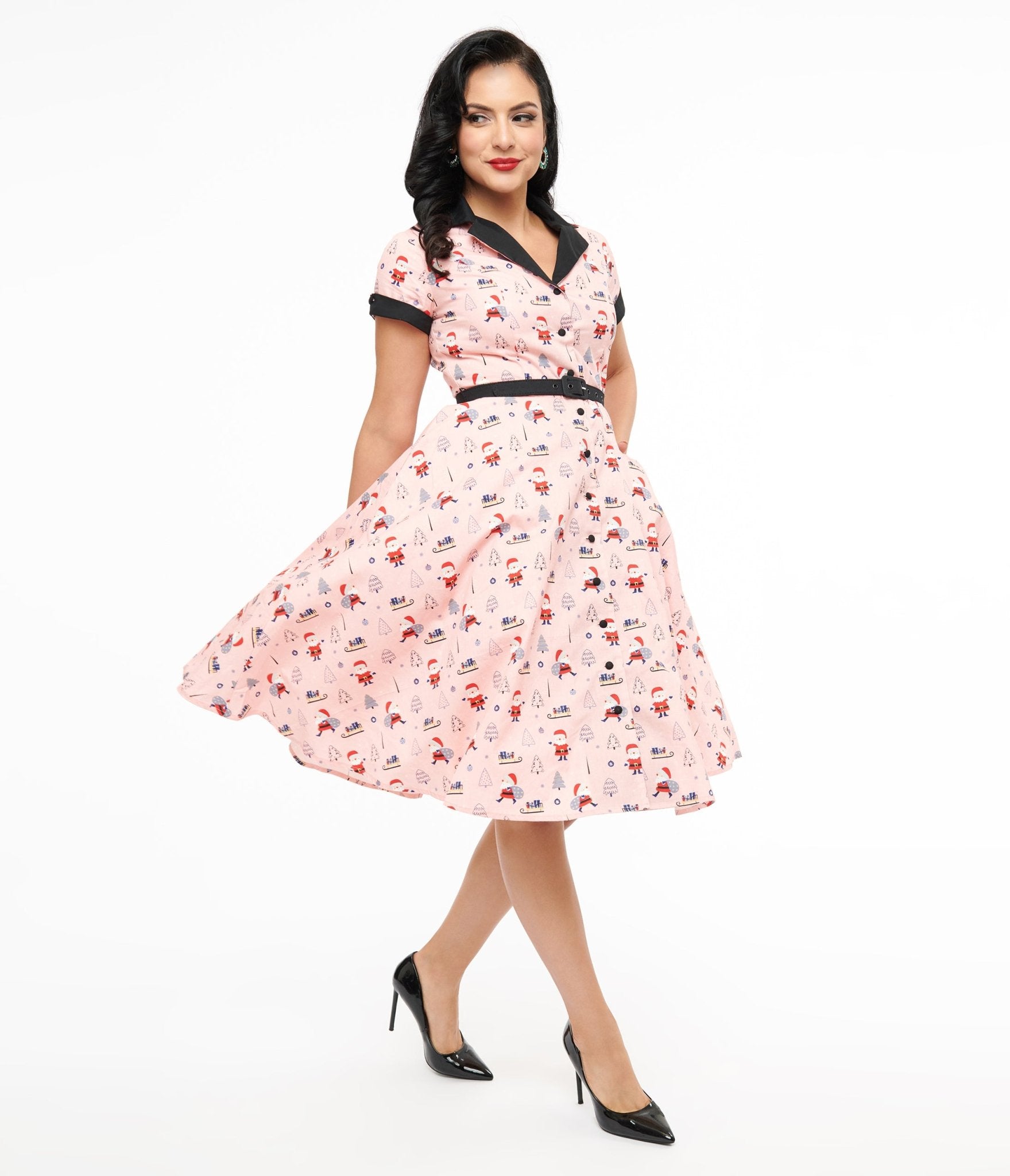 Unique Vintage 1950s Pink Santa Print Alexis Swing Dress