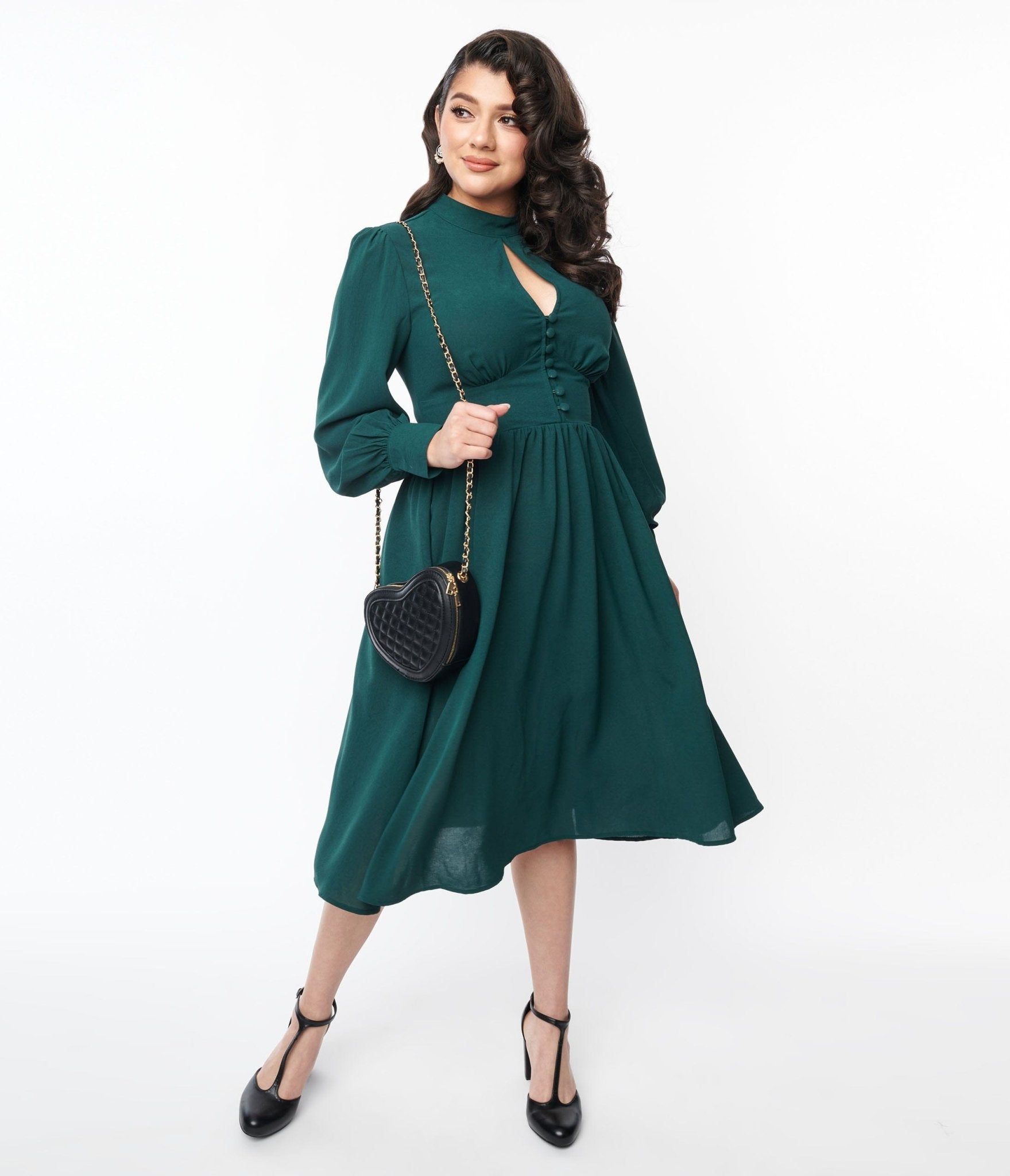 Unique Vintage 1970s Hunter Green Keyhole Swing Dress