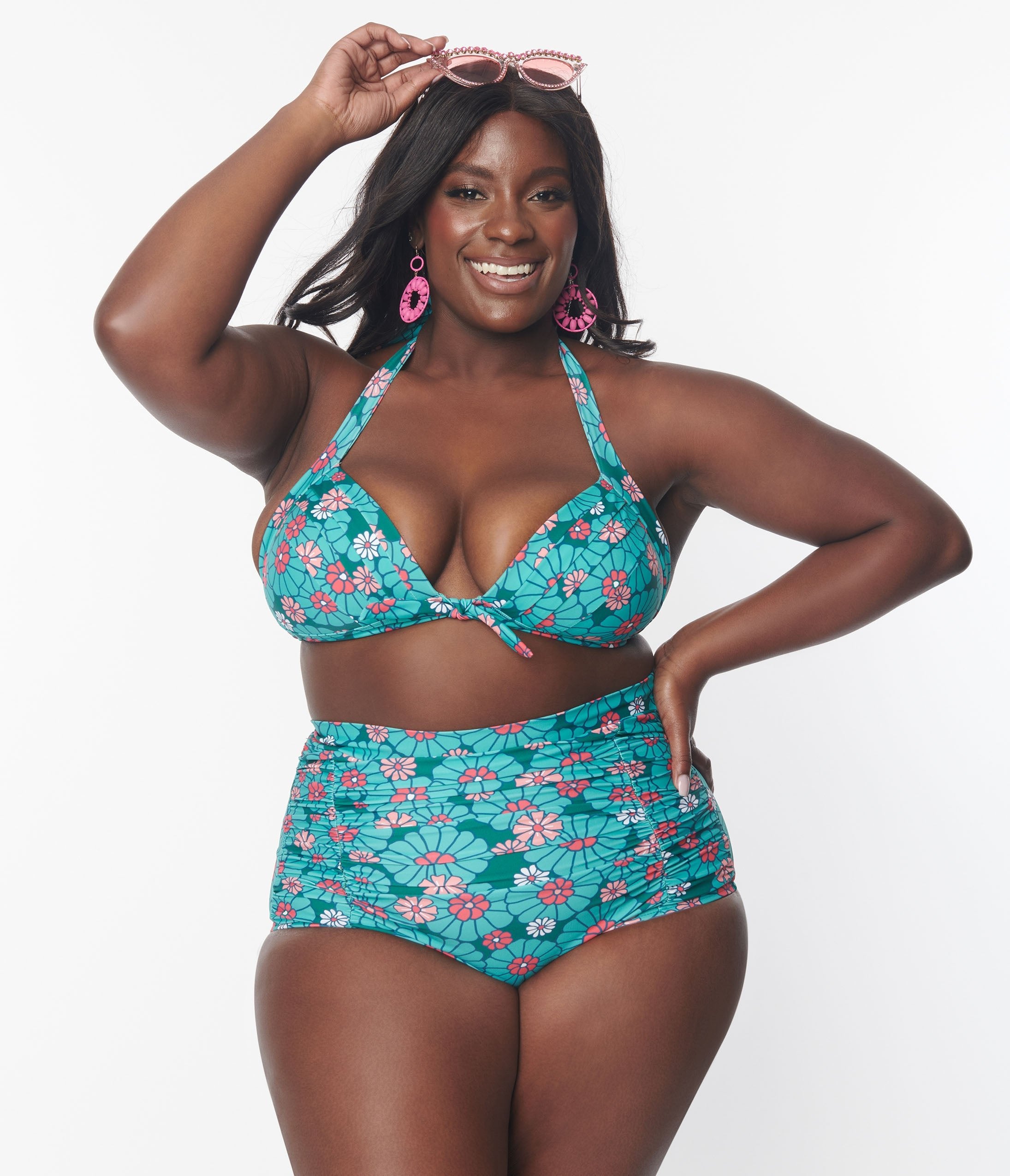 Unique Vintage Plus Size Teal Flower Child Monroe Swim Bottom