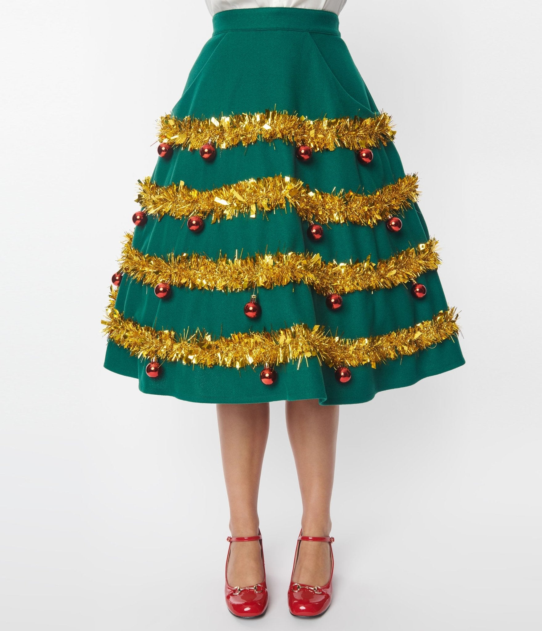 Unique Vintage Green & Gold Tinsel & Ornament Soda Shop Swing Skirt