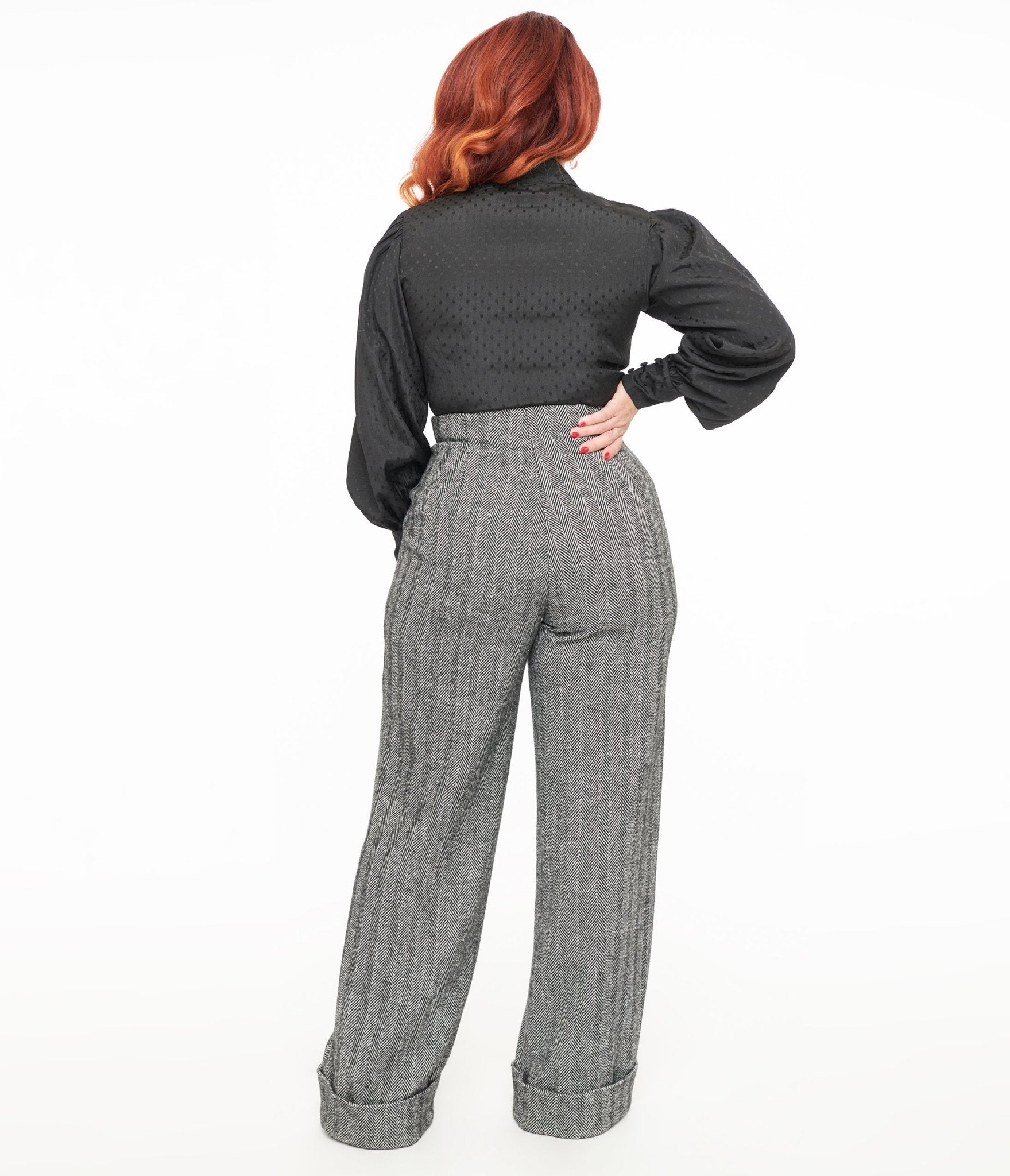 Unique Vintage 1940s Grey Herringbone Buttoned Wide Leg Trousers