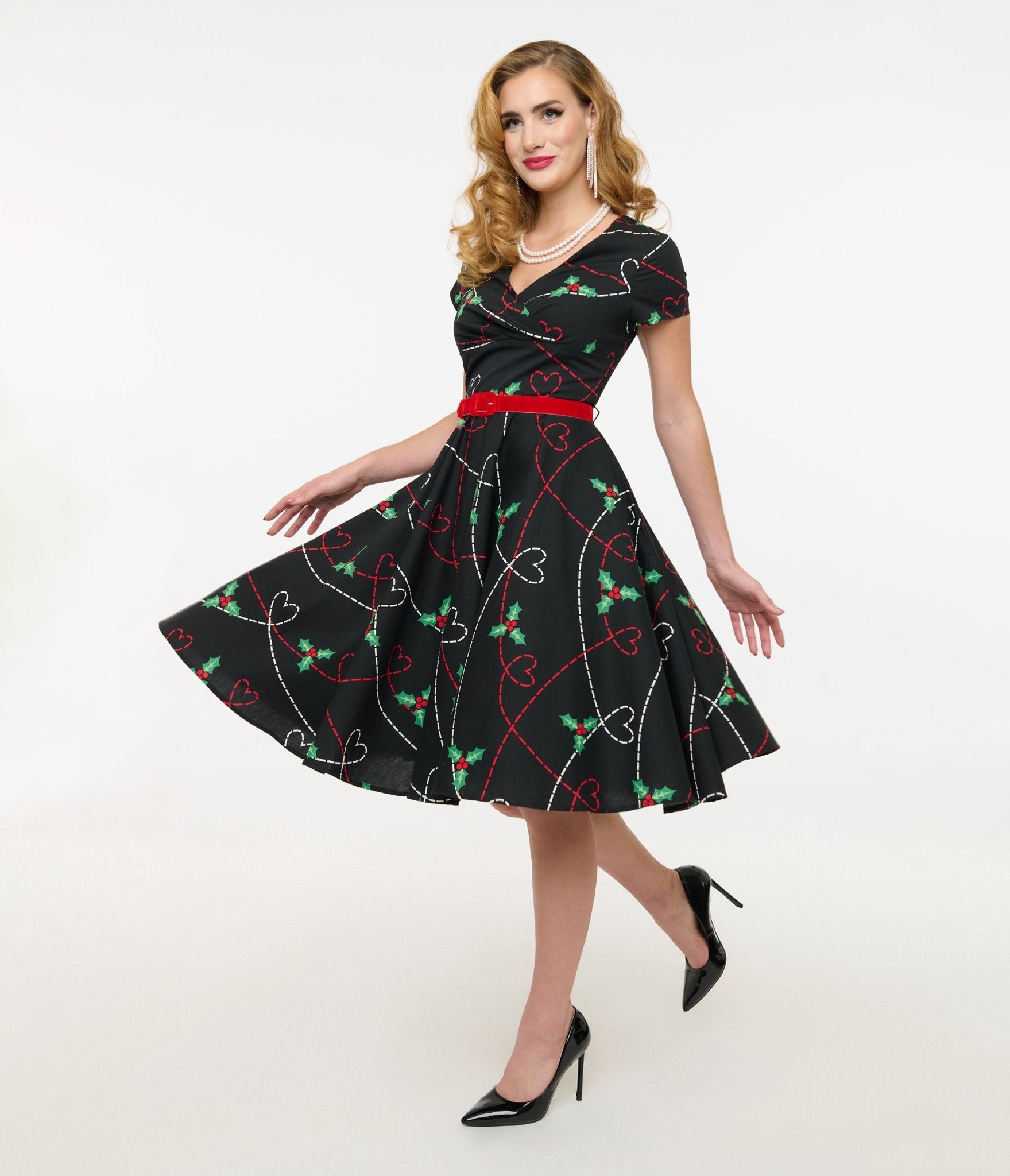 Hell Bunny 1950s Festive Hearts & Holly Print Angelica Swing Dress