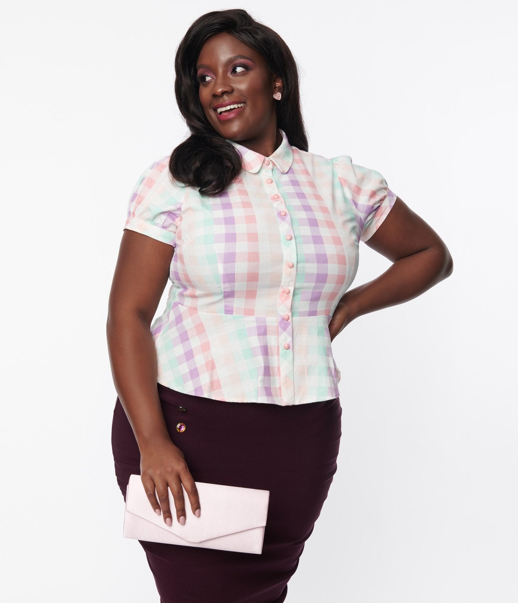 Collectif Plus Size Mary Grace Pastel Rainbow Gingham Blouse