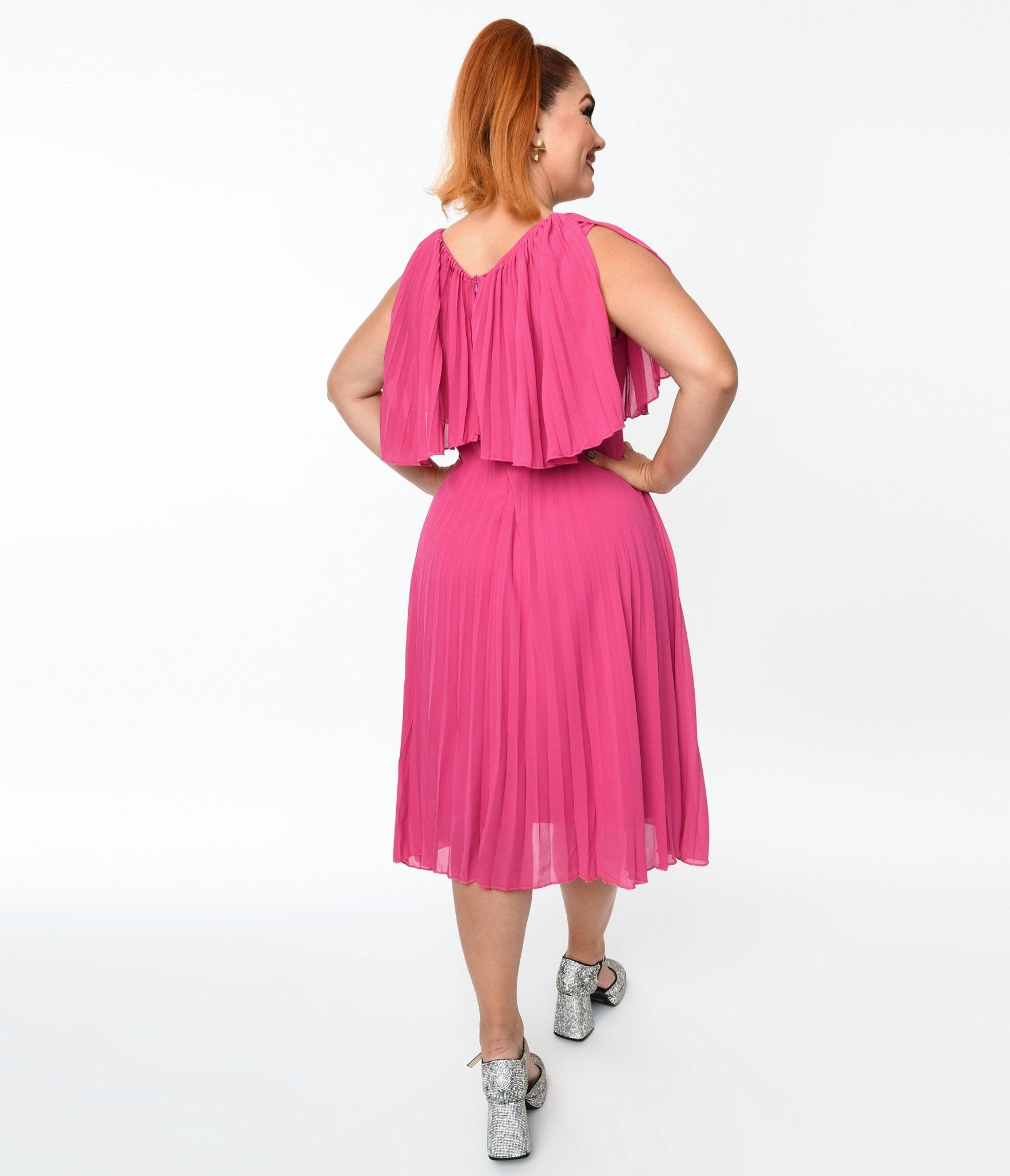 Plus Size Fuchsia Pleated Midi Dress