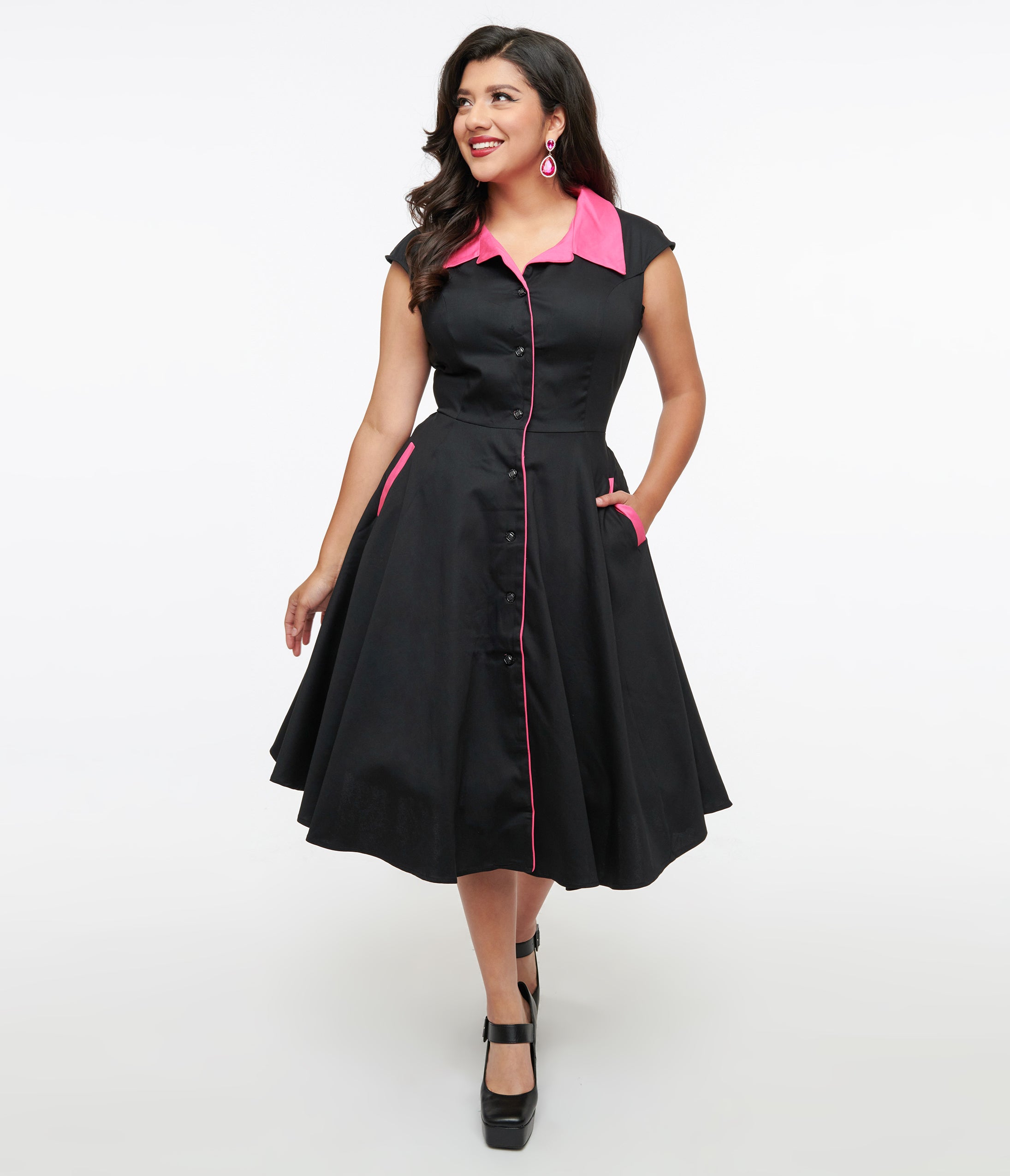 1950s Black & Pink Contrast Swing Dress