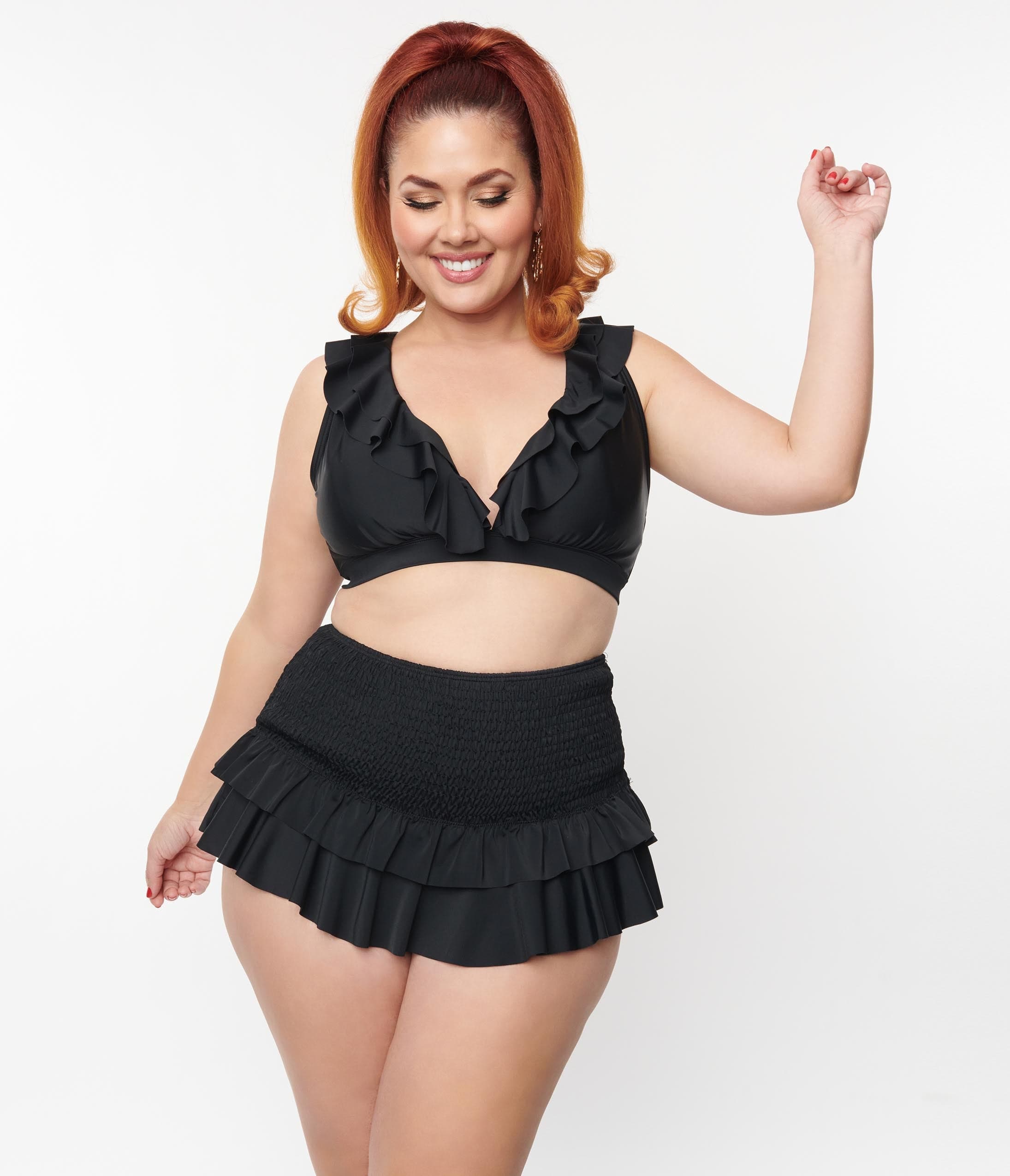 Unique Vintage Plus Size Black Smocked Ruffle Swim Bottom