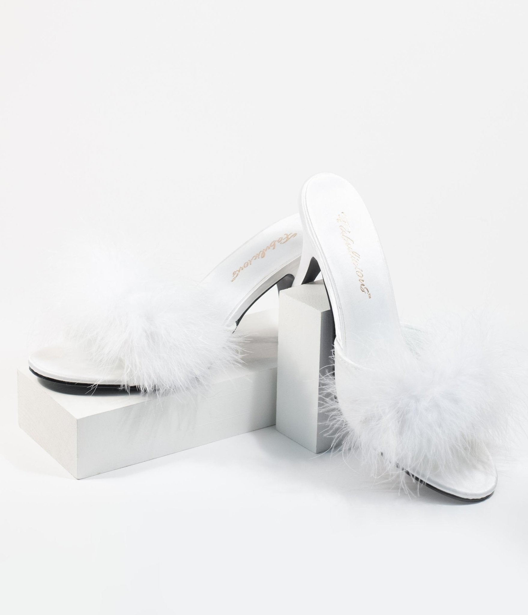 White Marabou Feather Peep Toe Slipper Heel