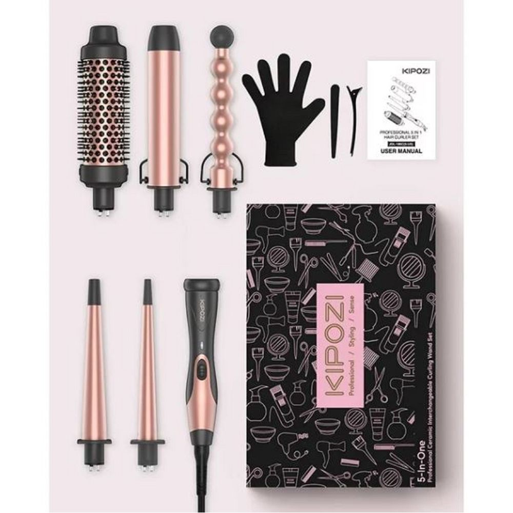 KIPOZI K186C-RG-5 5 in 1 Curling Iron Wand Set Hair Wand with 4 Ceramic Barrels and 1 Curling Iron Brush