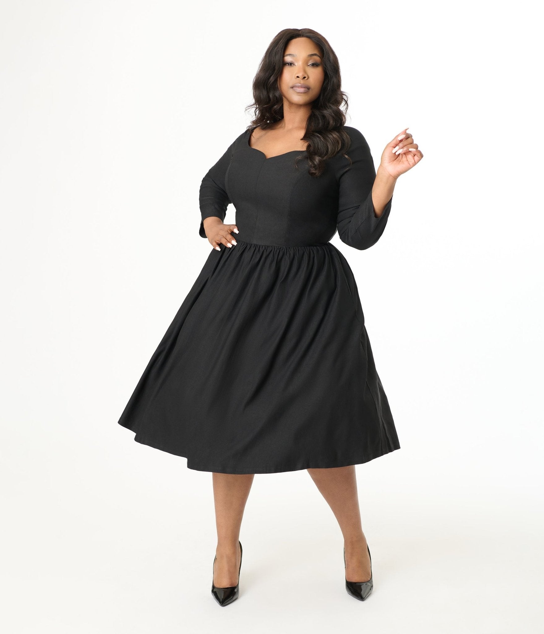 Unique Vintage Plus Size 1950s Solid Black Sweetheart Swing Dress