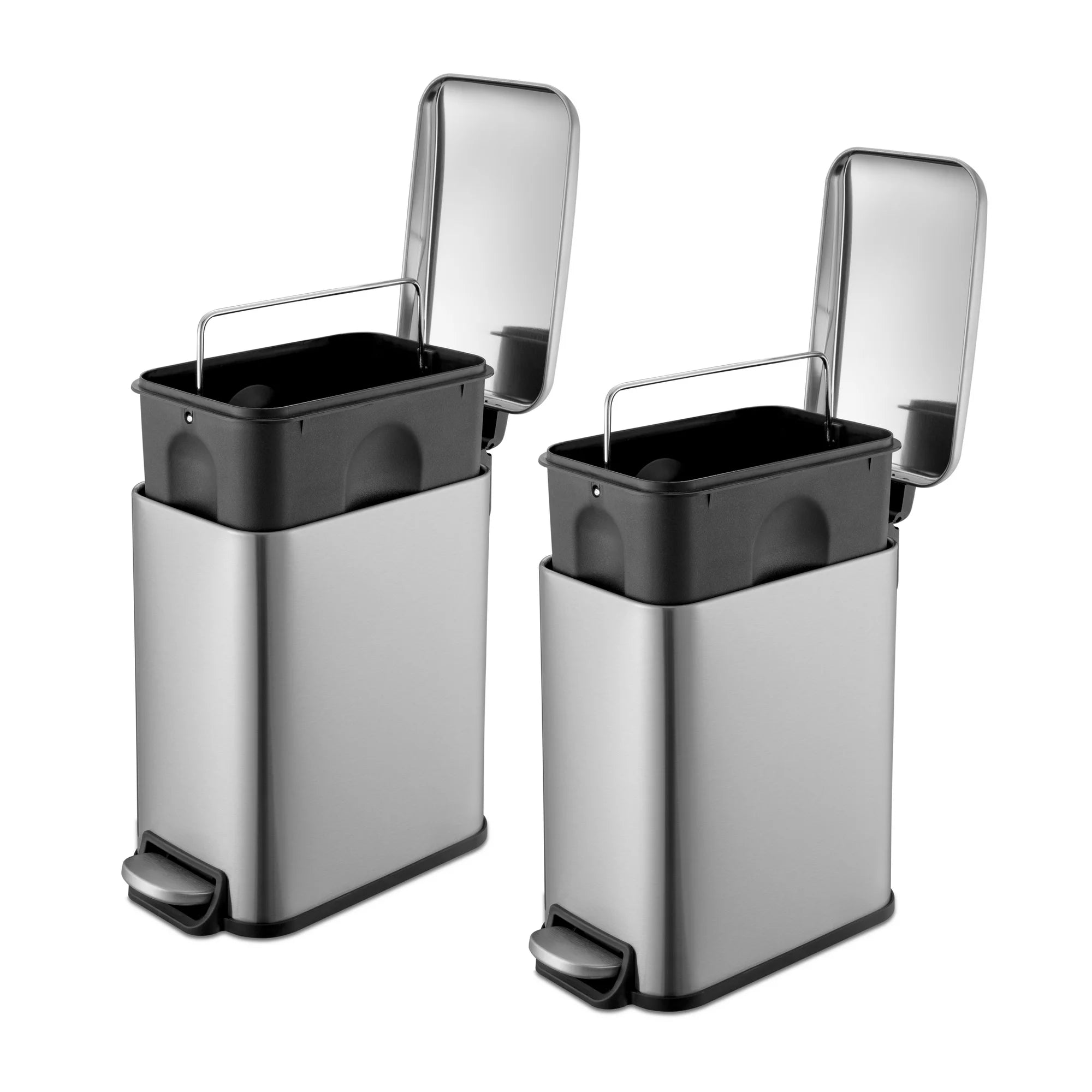 QualiaZero QZ10046 Trash Can, 1.3 Gallon Slim Step On Bathroom Trash Can, Stainless Steel, Pack of 2, Silver