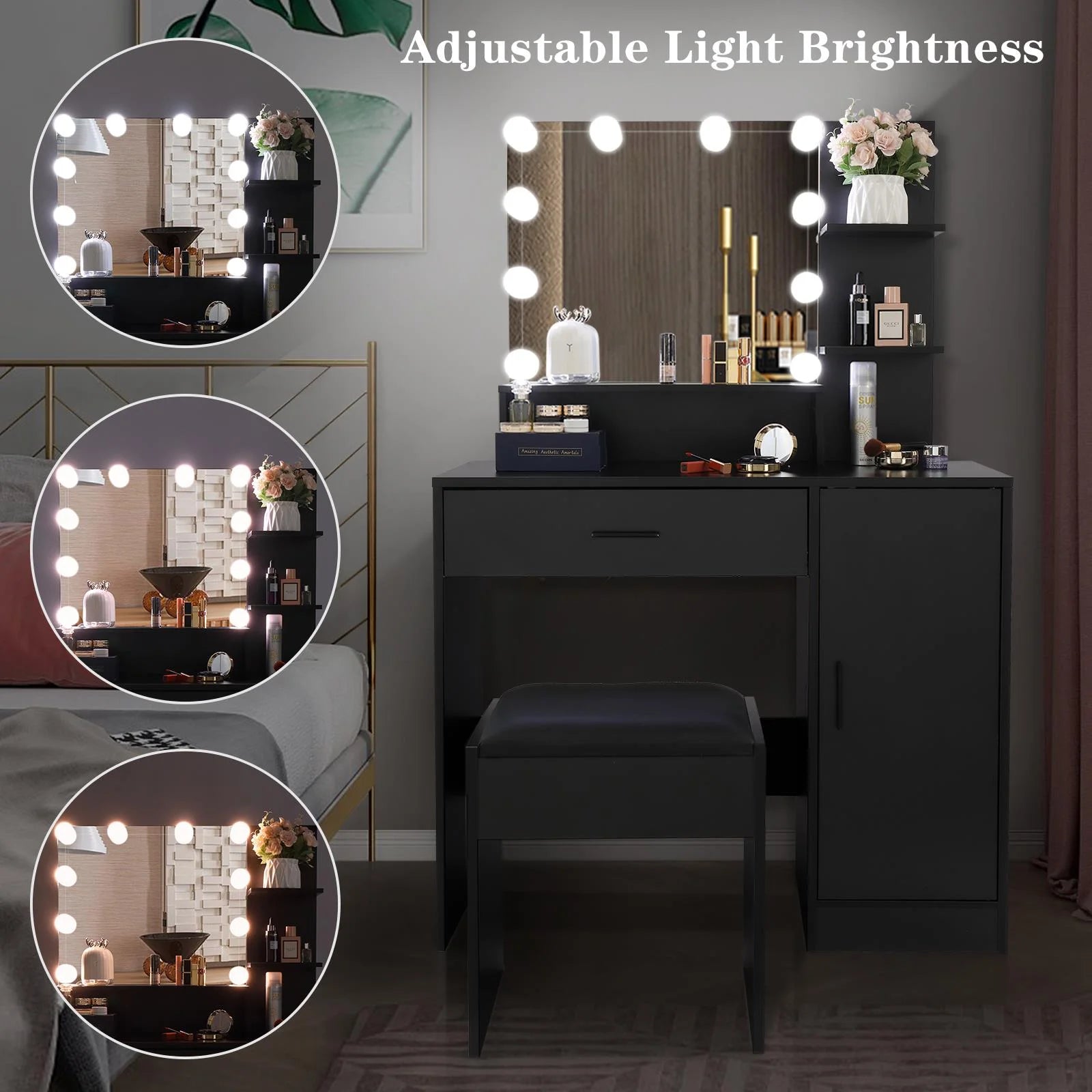 Ktaxon Vanity Set with 3 Color Lighted Mirror, Makeup Table with 3 Storage Shelves & Drawers, Black