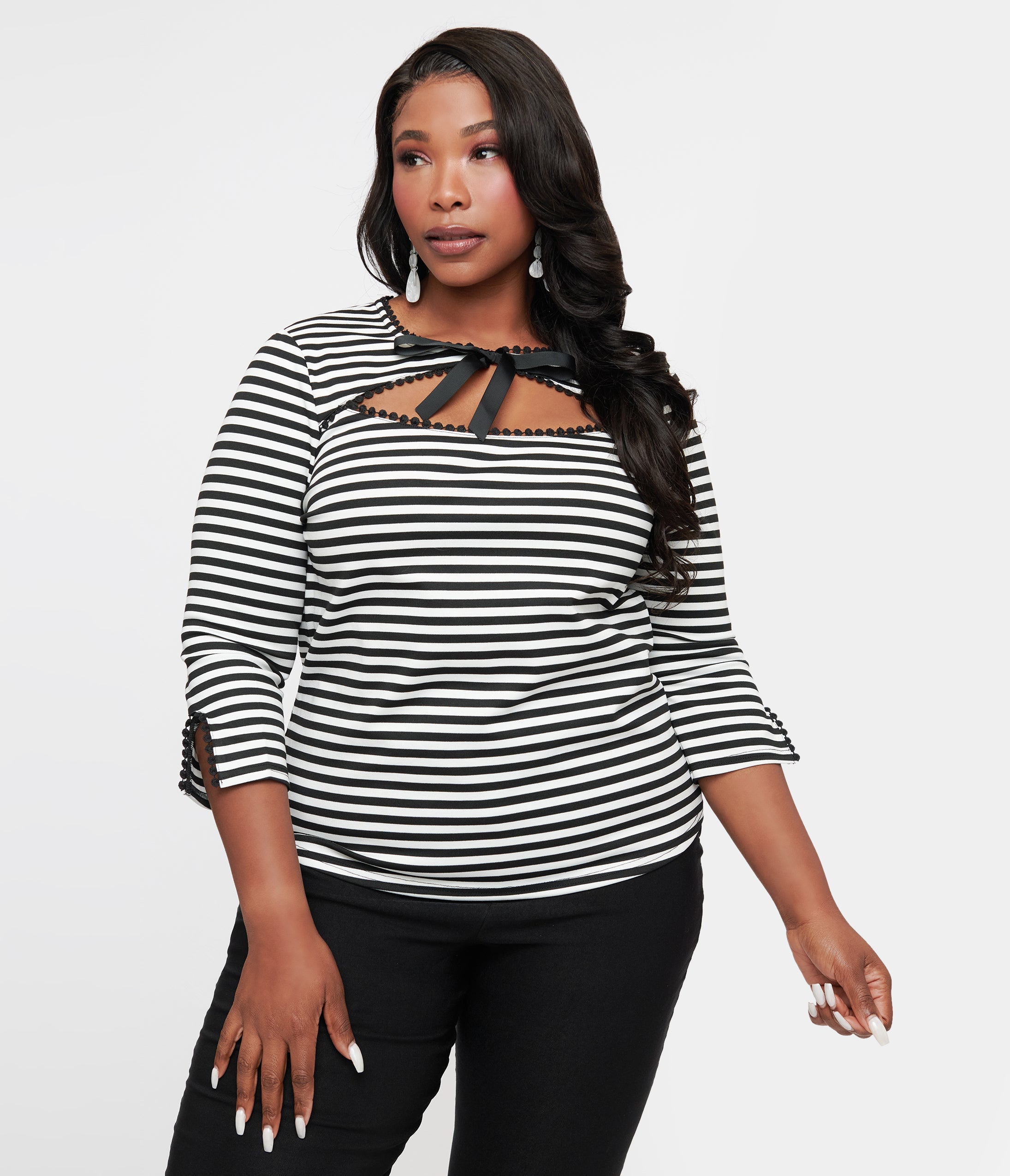 Unique Vintage Plus Size 1950s Black & White Stripe Cutout Neck Tie Top