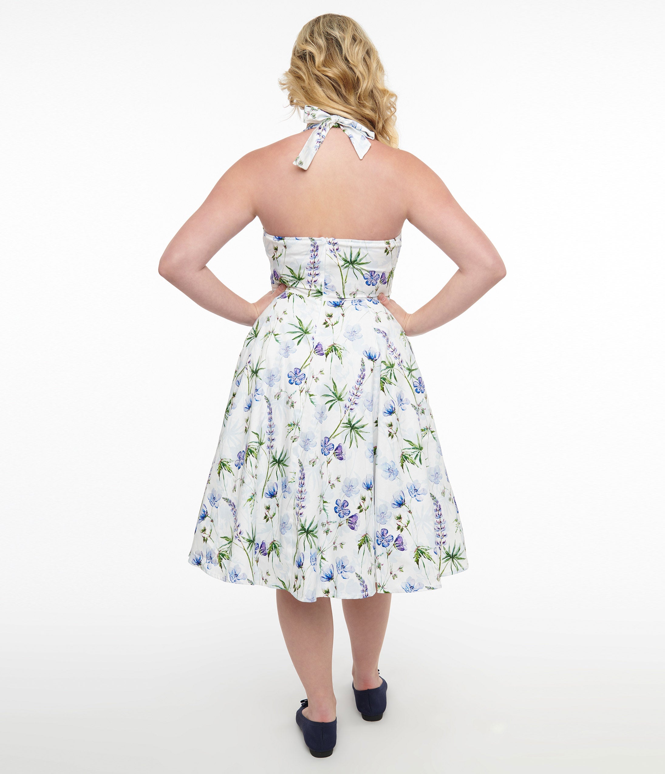 1950s White & Purple Floral Cotton Halter Swing Dress