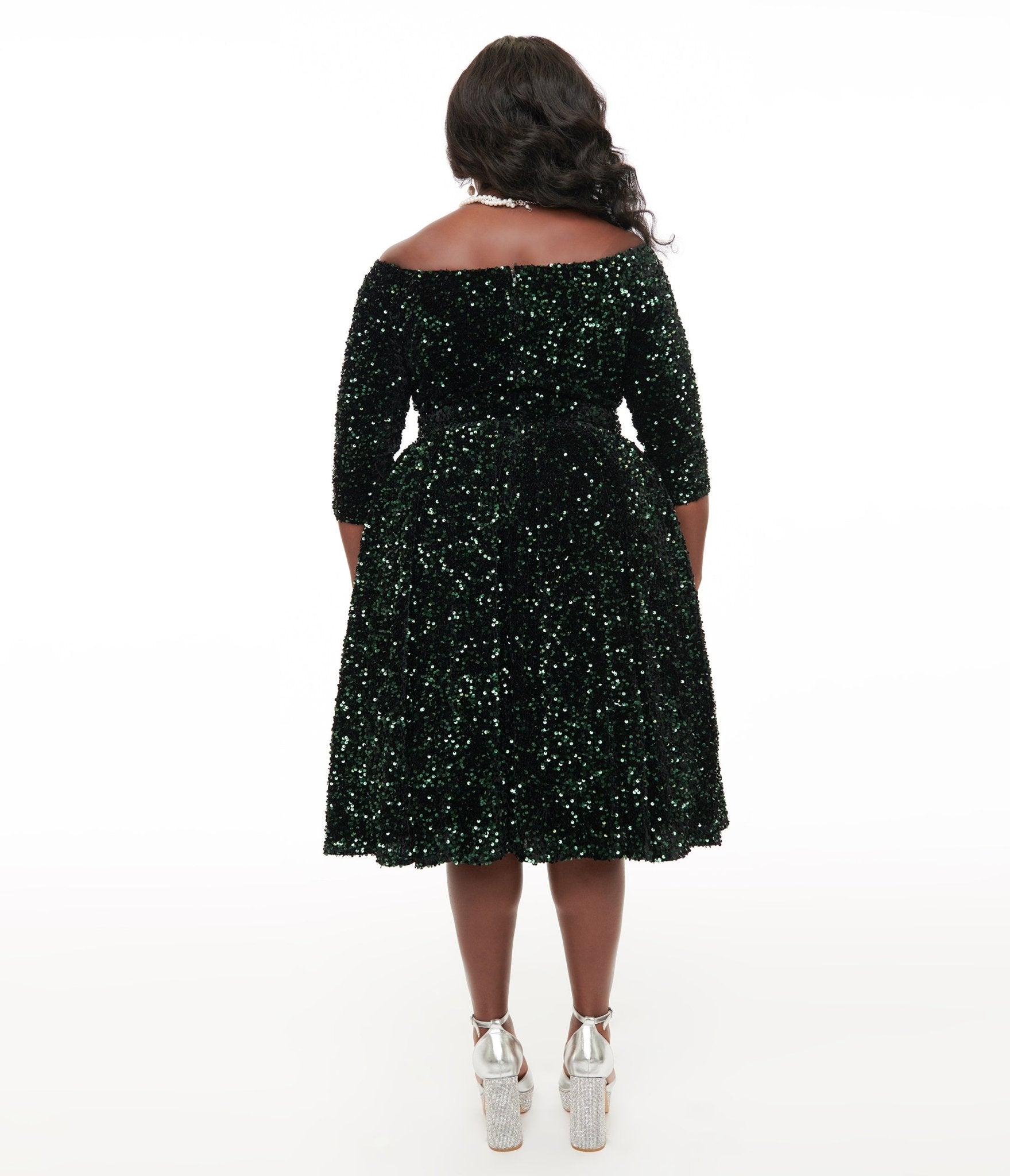 Unique Vintage Plus Size 1950s Green Velvet Sequin Marceline Swing Dress