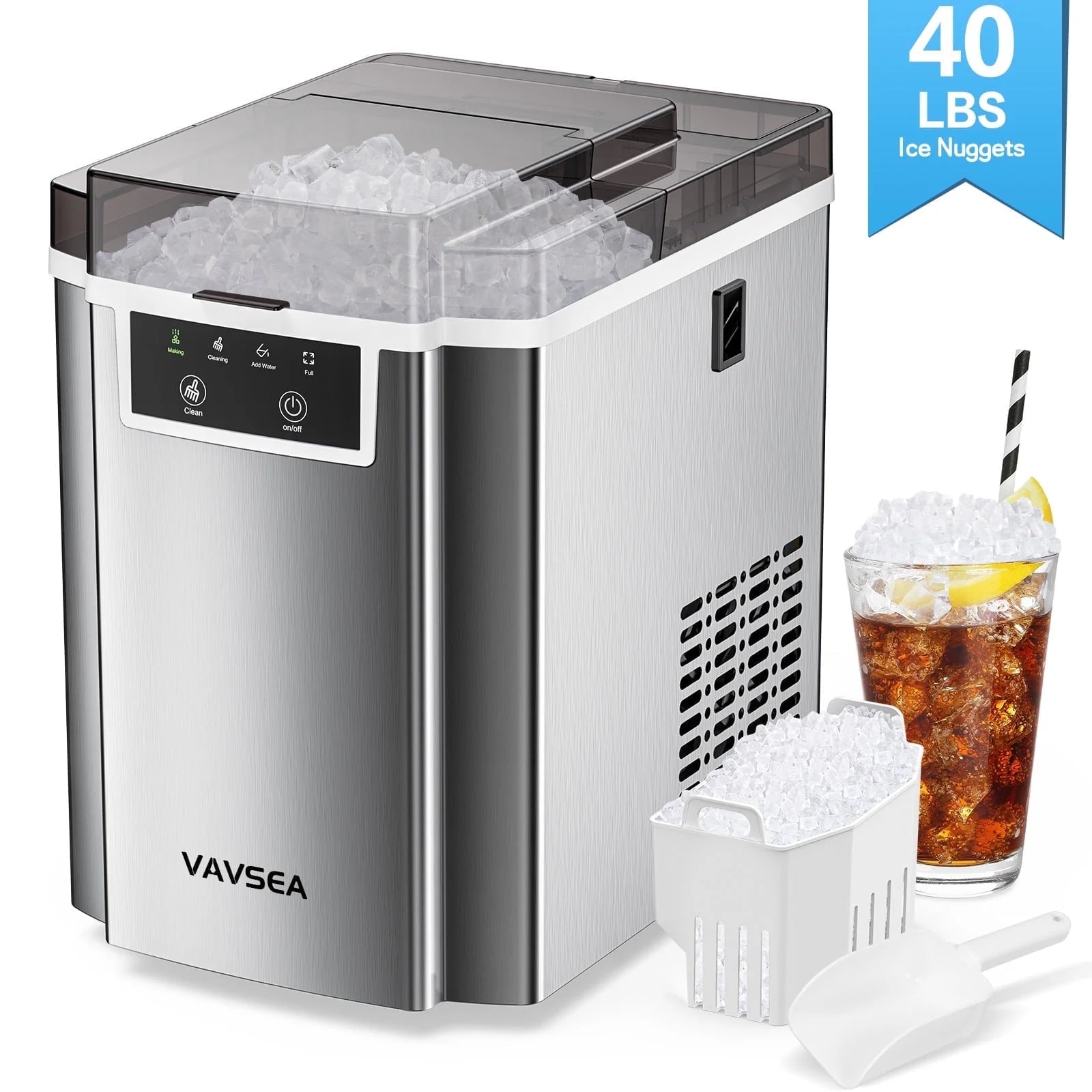 Vavsea Bs-301-Jjzbj-Vavsea-Wal 40Lbs/24H Nugget Countertop Ice Maker With Self-Cleaning Function