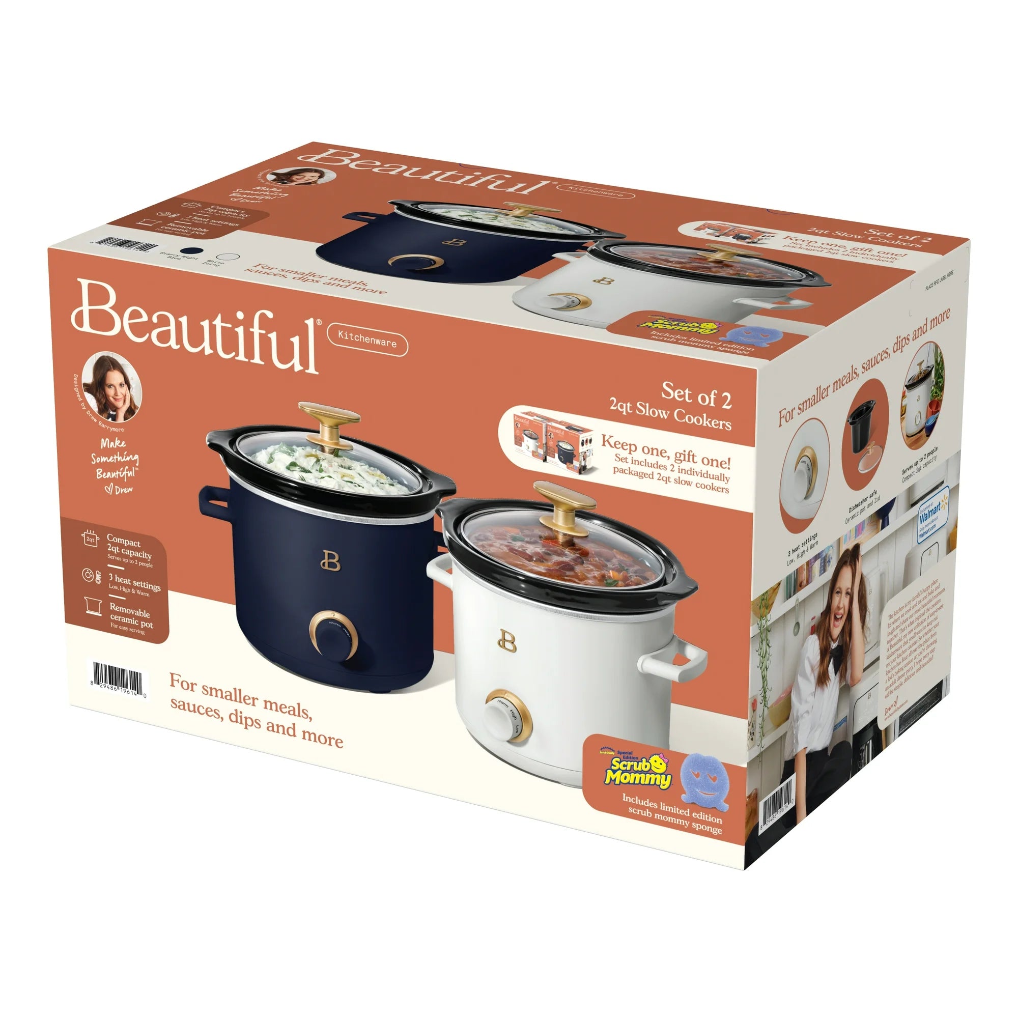 Beautiful 19614 2 Qt Slow Cooker Set with Scrub Mommy, 2-Pack, White Icing and Starry Night by Drew Barrymore, Blue