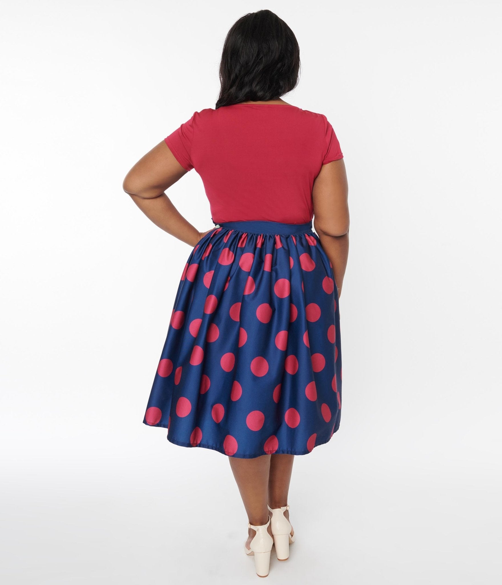 Unique Vintage Navy & Berry Polka Dot Gellar Swing Skirt