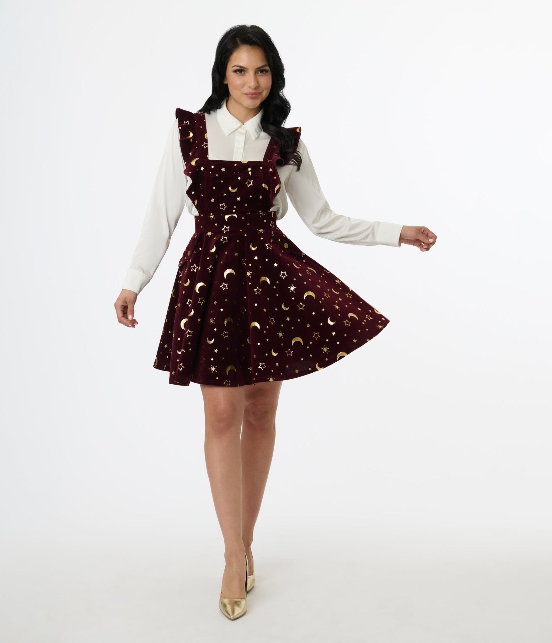 Unique Vintage Burgundy & Gold Moon & Star Corduroy Ruffle Pinafore