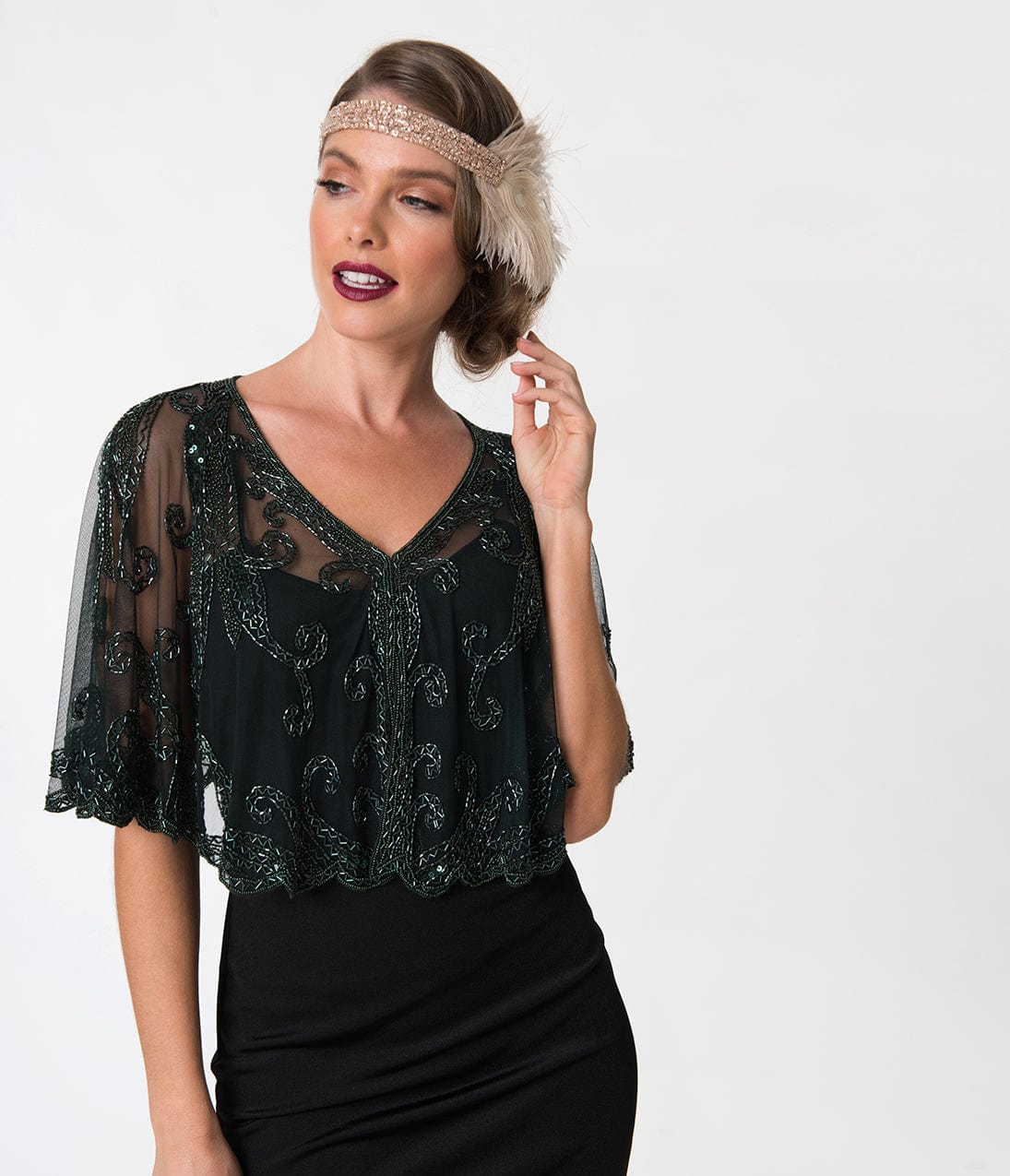 1920s Style Dark Green & Olive Beaded Sheer Mesh Capelet