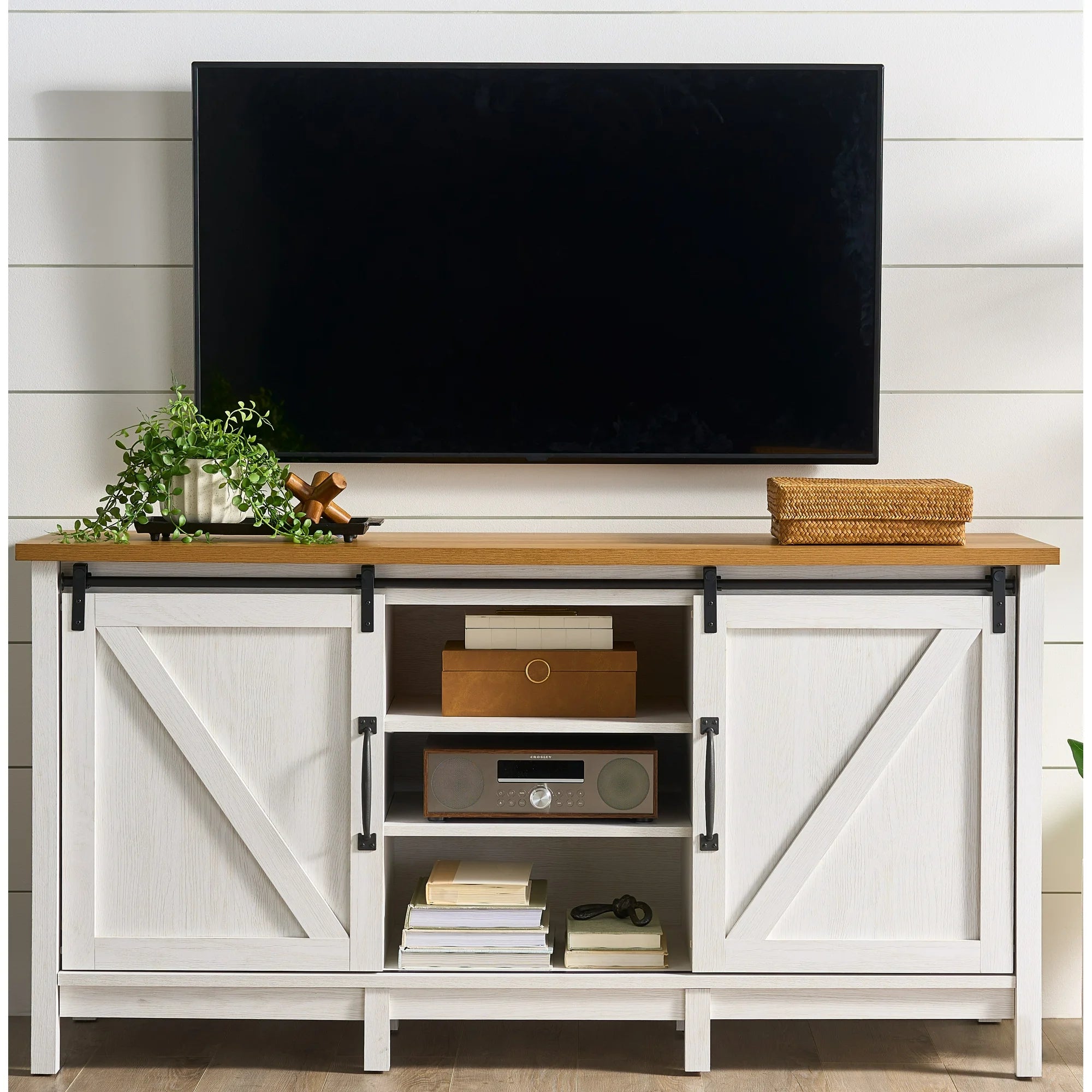 Better Homes & Gardens 441401 Modern Farmhouse TV Stand For TV's Up to 70, Alabaster And Light Honey Finish