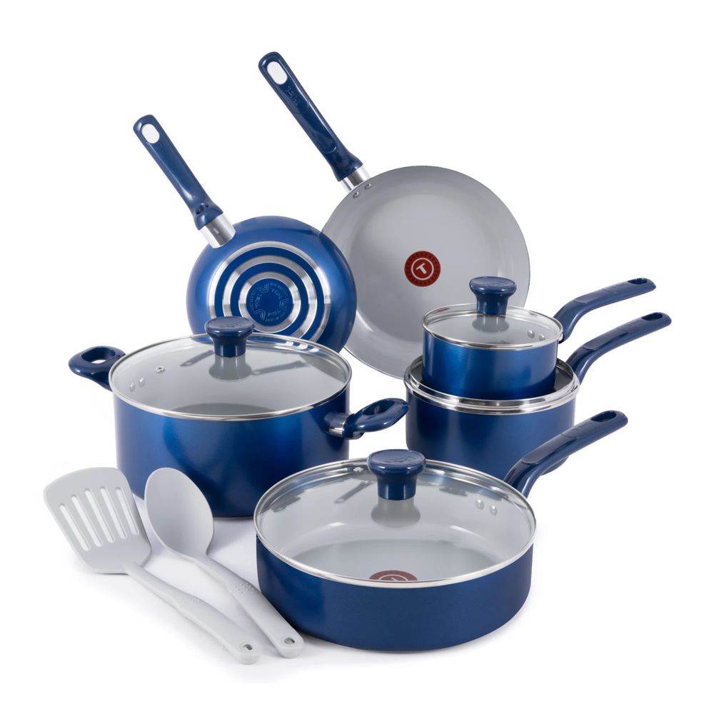 T-fal C483SC64 12 Piece Non Stick Ceramic Cookware Set, Blue