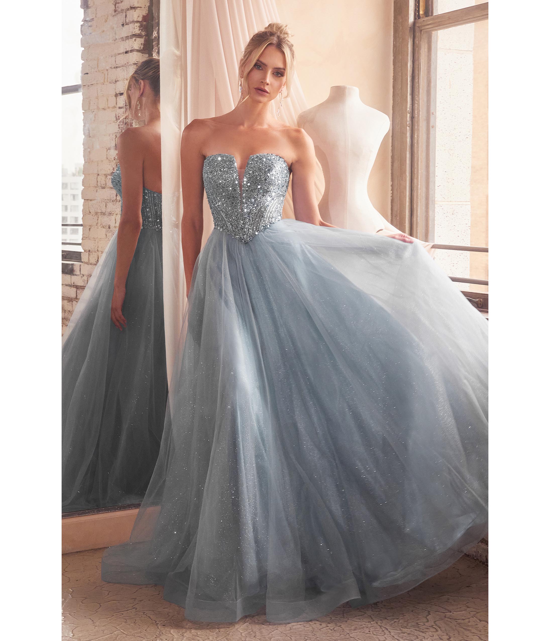 Ladivine by Cinderella Divine Smoky Blue Glitter Bodice & Tulle Prom Ball Gown