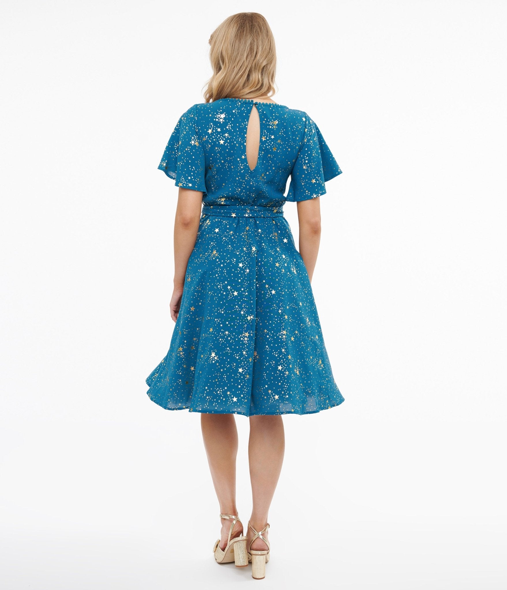 Unique Vintage 1930s Teal & Gold Star Swing Dress