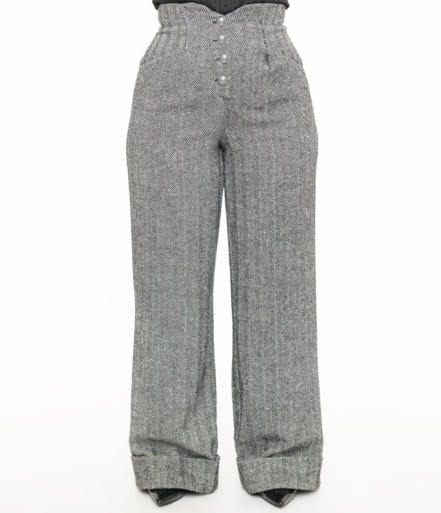 Unique Vintage 1940s Grey Herringbone Buttoned Wide Leg Trousers