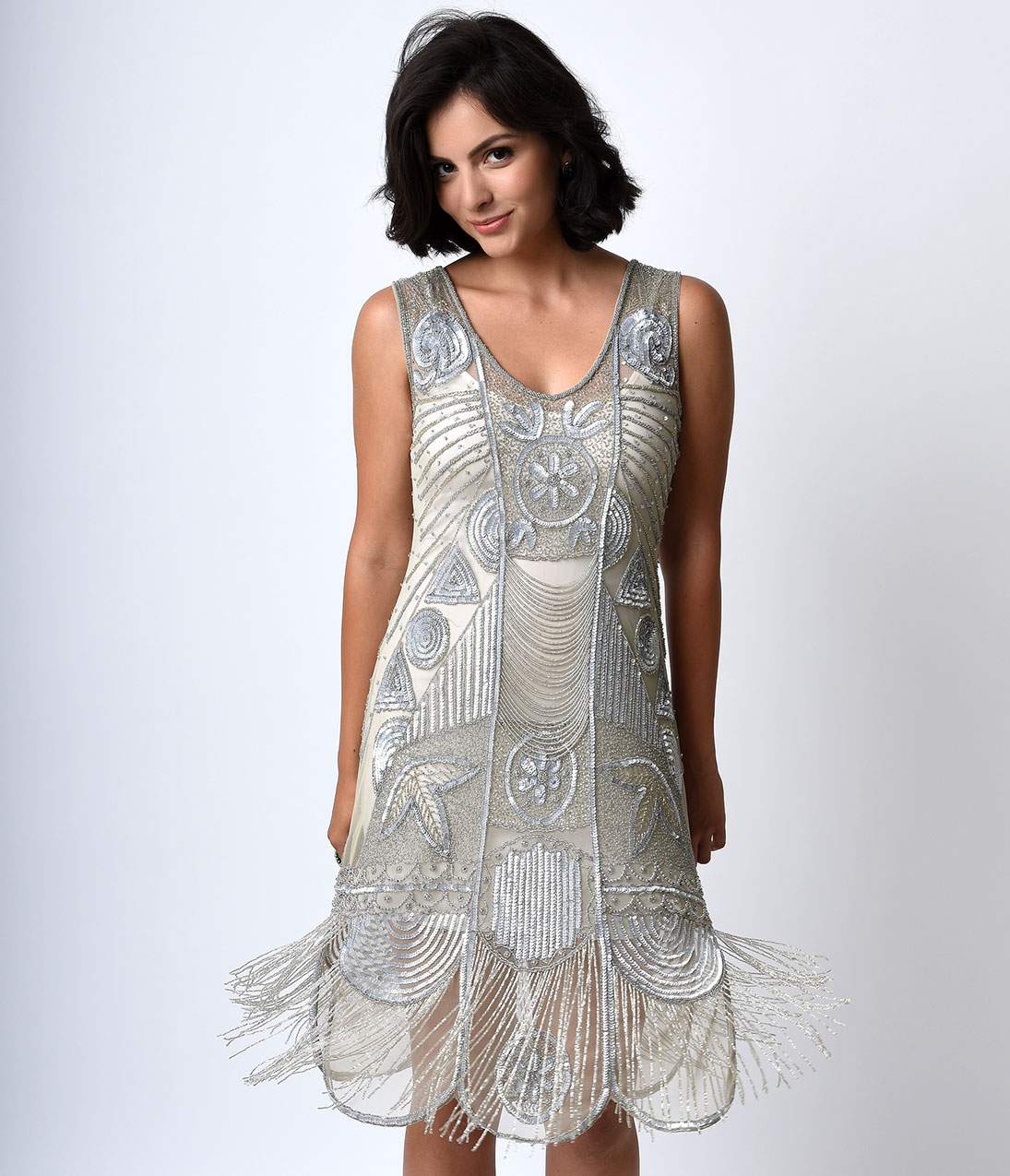 Unique Vintage 1920s Style Silver Hand Beaded Fringe Bosley Flapper Dress