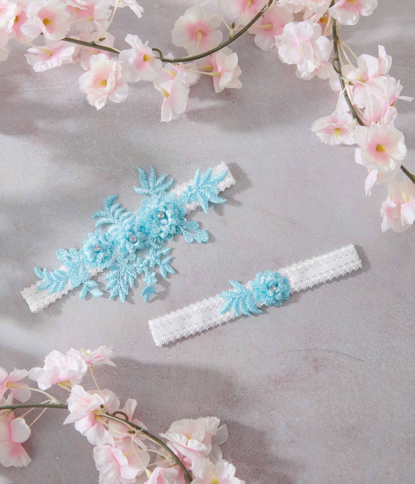 Aqua Blue Rhinestone Floral Garter Set