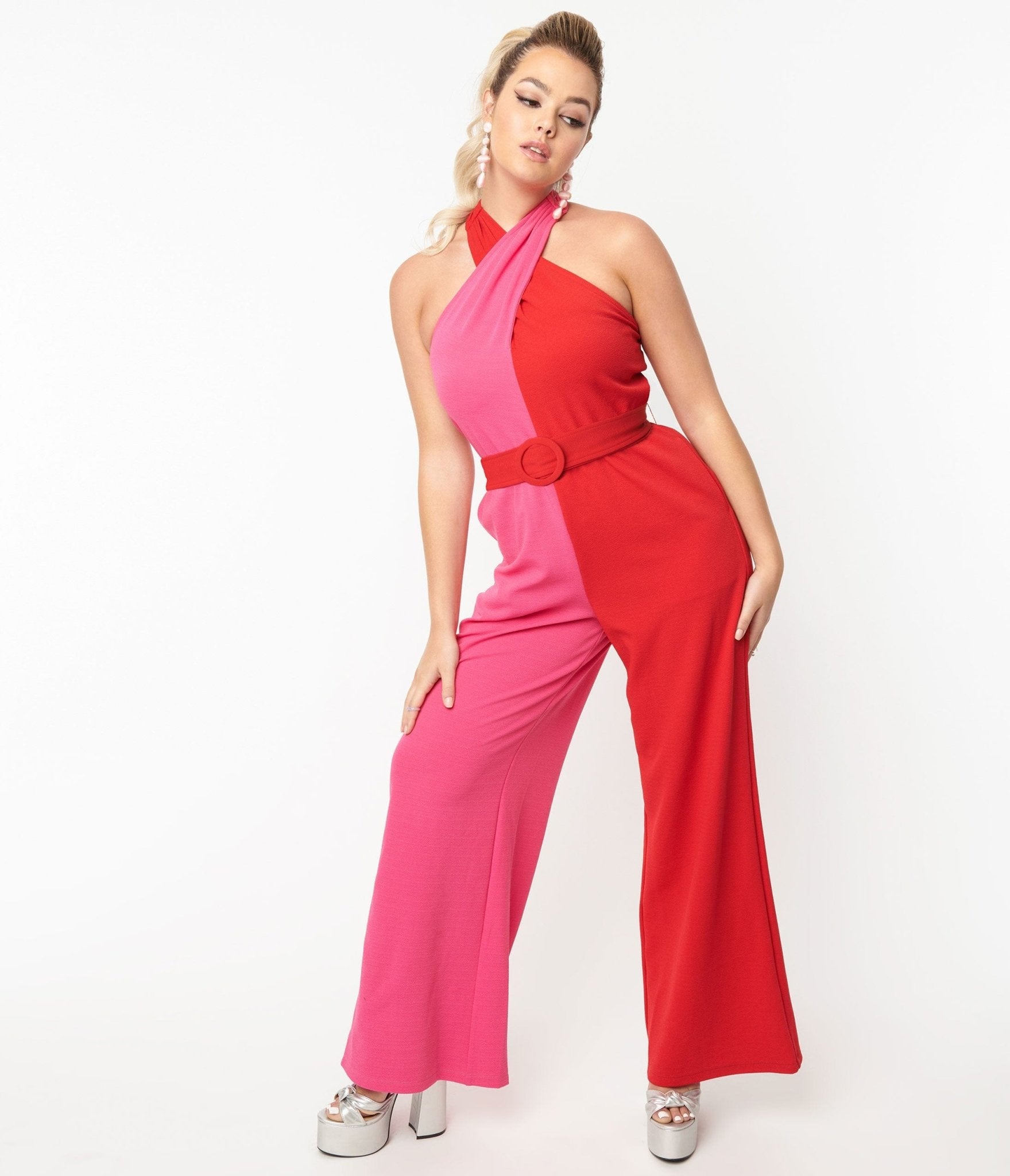 Smak Parlour 1970s Red & Pink Colorblock Draped Darling Jumpsuit